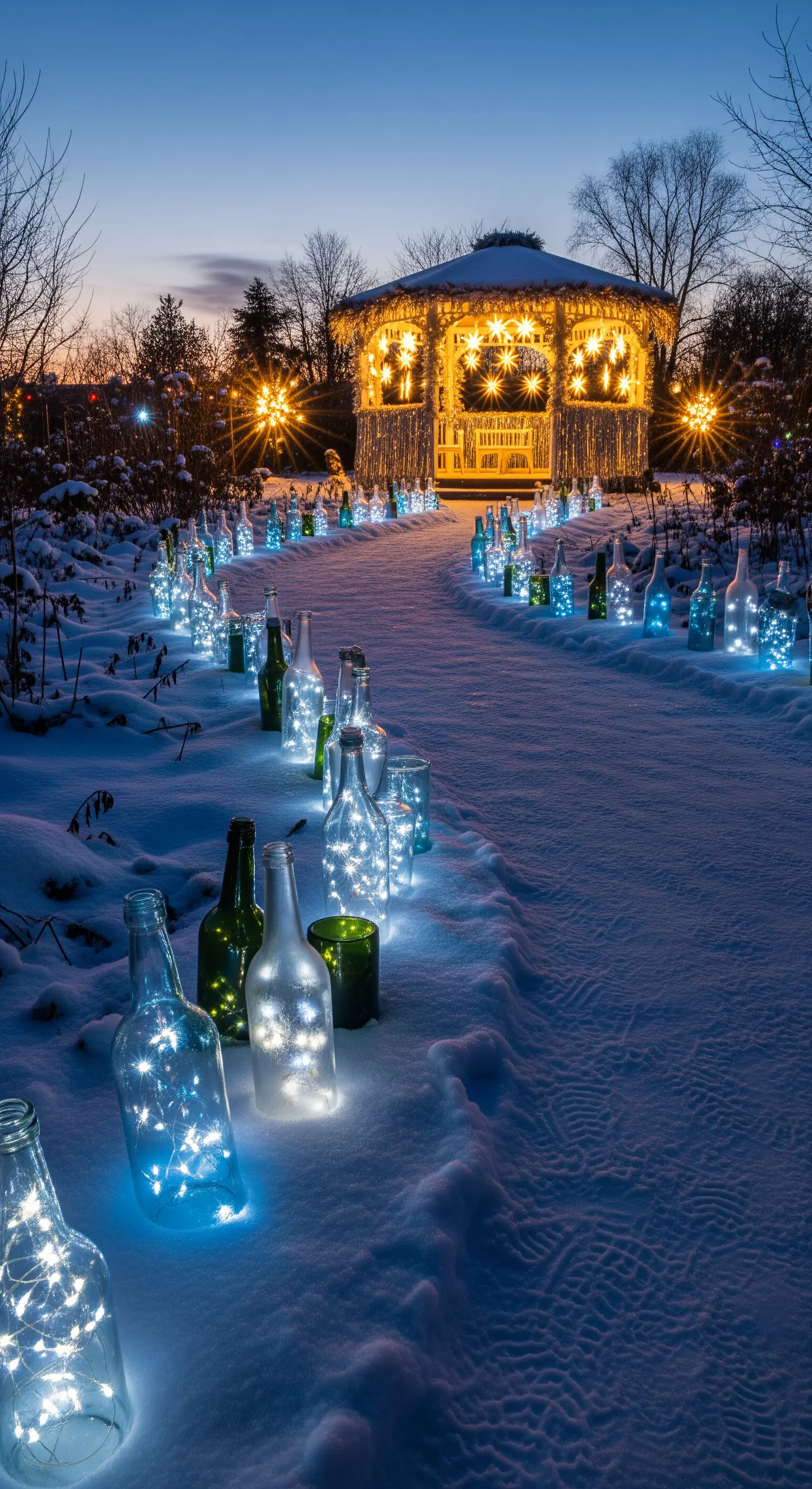 Verschneiter Weg mit Flaschen und Lichterketten in Blau und Weiß, führt zu leuchtendem Pavillon.