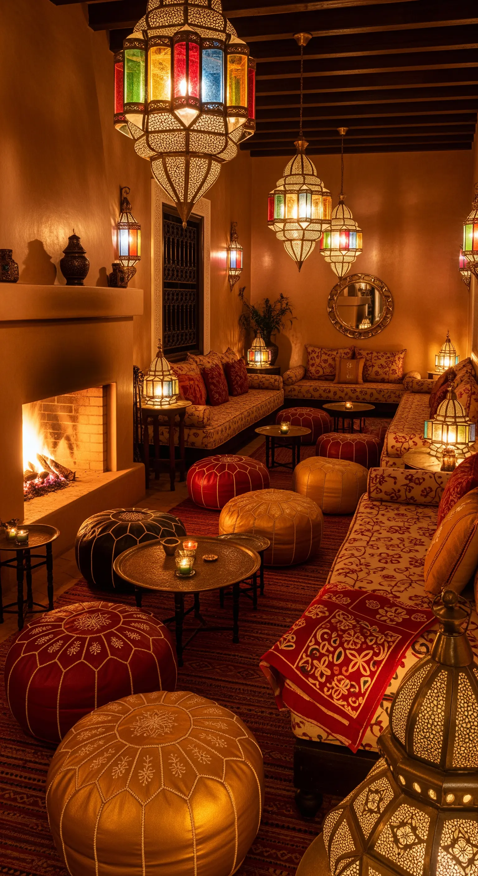Opulente marokkanische Lounge mit bunten Laternen, goldenen Poufs und gemusterten Teppichen