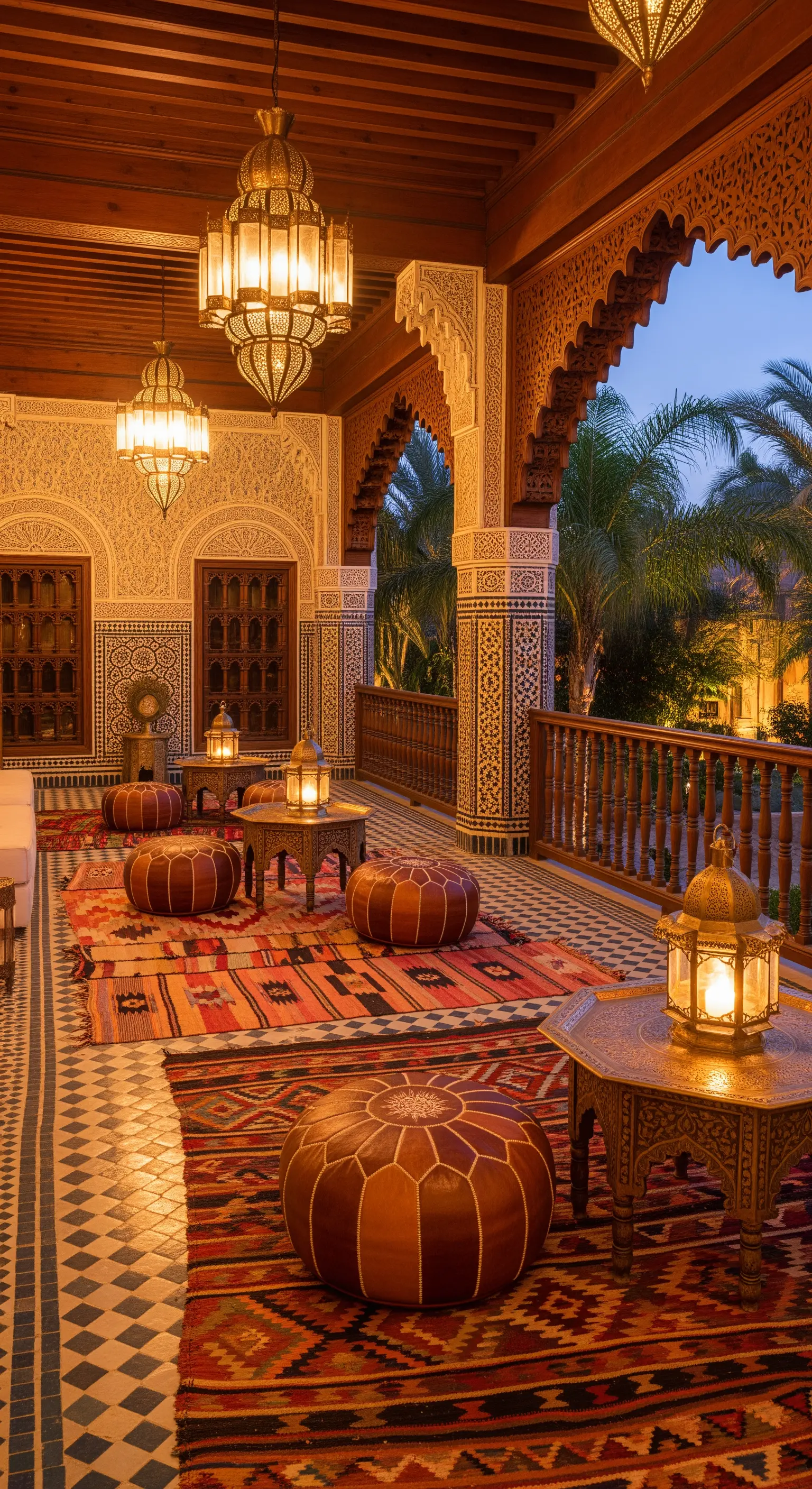Marokkanischer Patio mit bunten Teppichen, Lederpoufs und verzierten Laternen