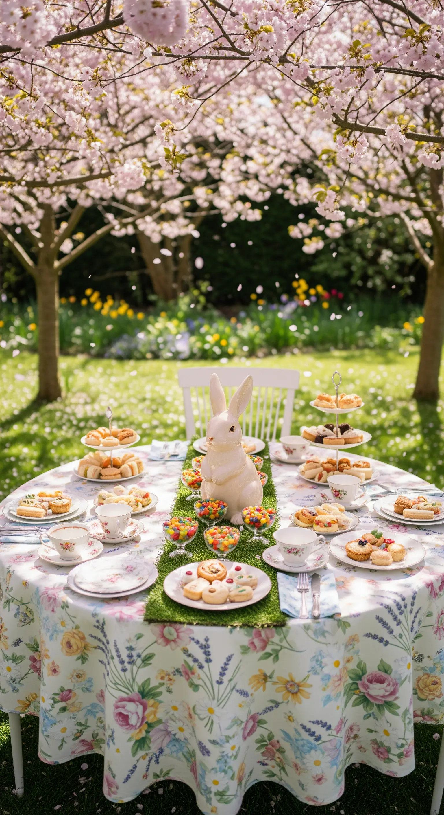 Osterbrunch unter Kirschblüten mit romantischer Tischdeko und Hasenfigur