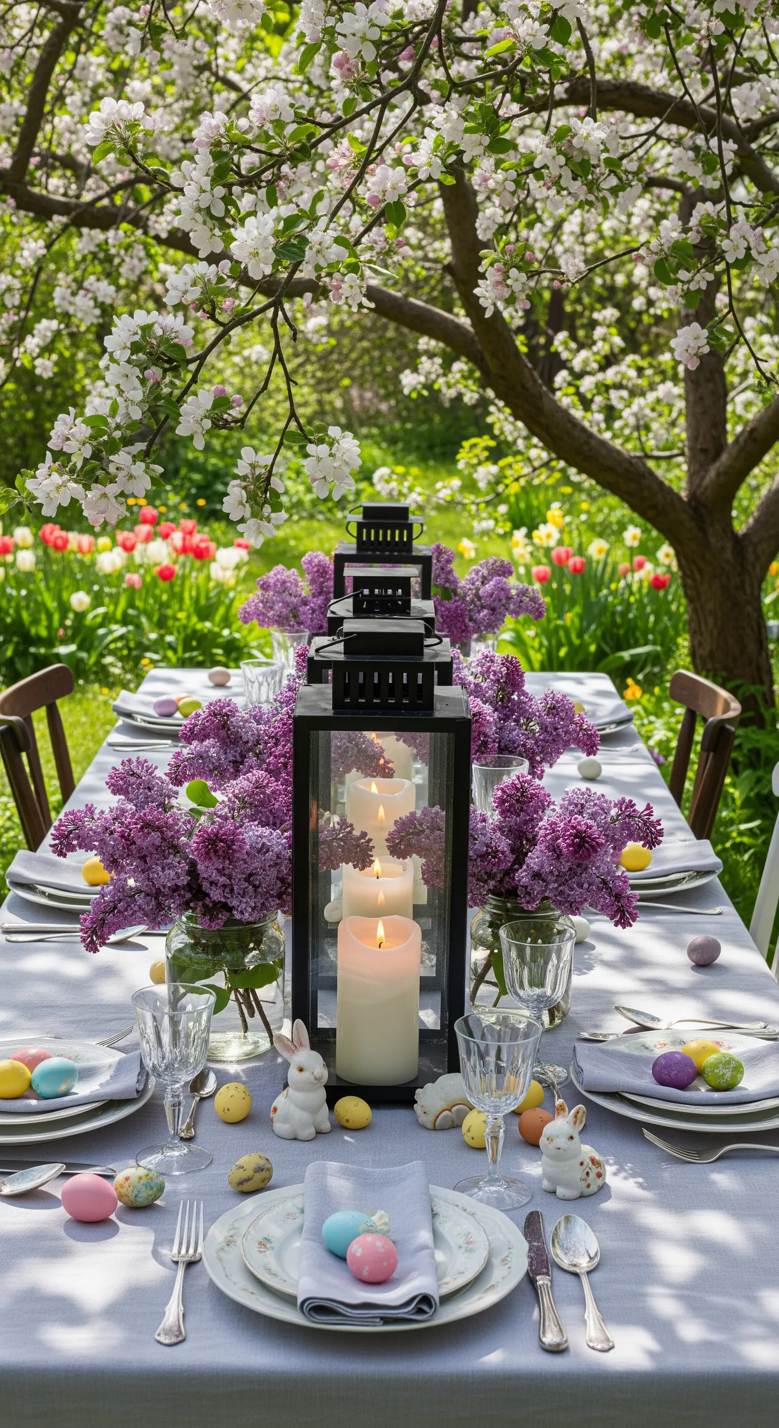 Outdoor Osterdeko: Laterne, Flieder, Ostereier unter blühendem Baum