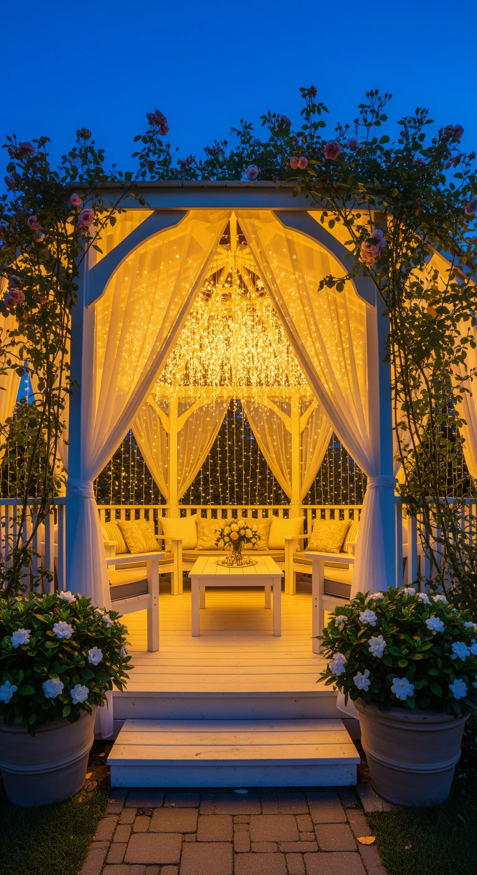 Weißer Gartenpavillon, dekoriert mit weißen Vorhängen und einem dichten Vorhang aus Lichterketten im Inneren.