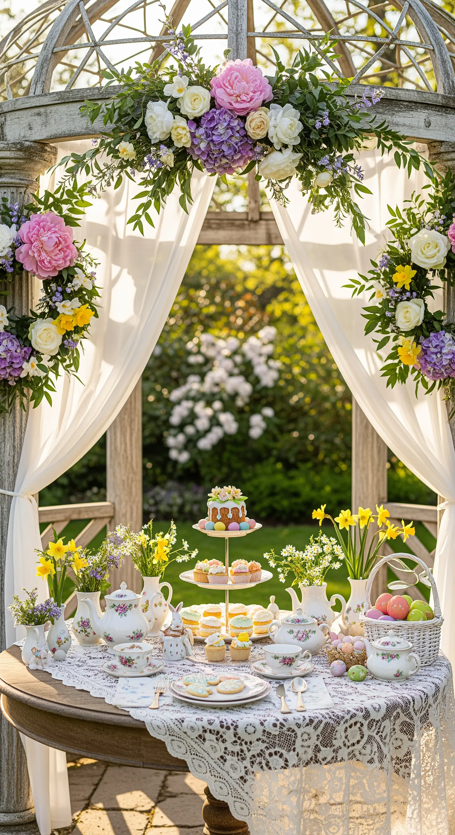 Romantischer Pavillon mit Blumengirlanden, weißer Tischdeko und Ostergebäck