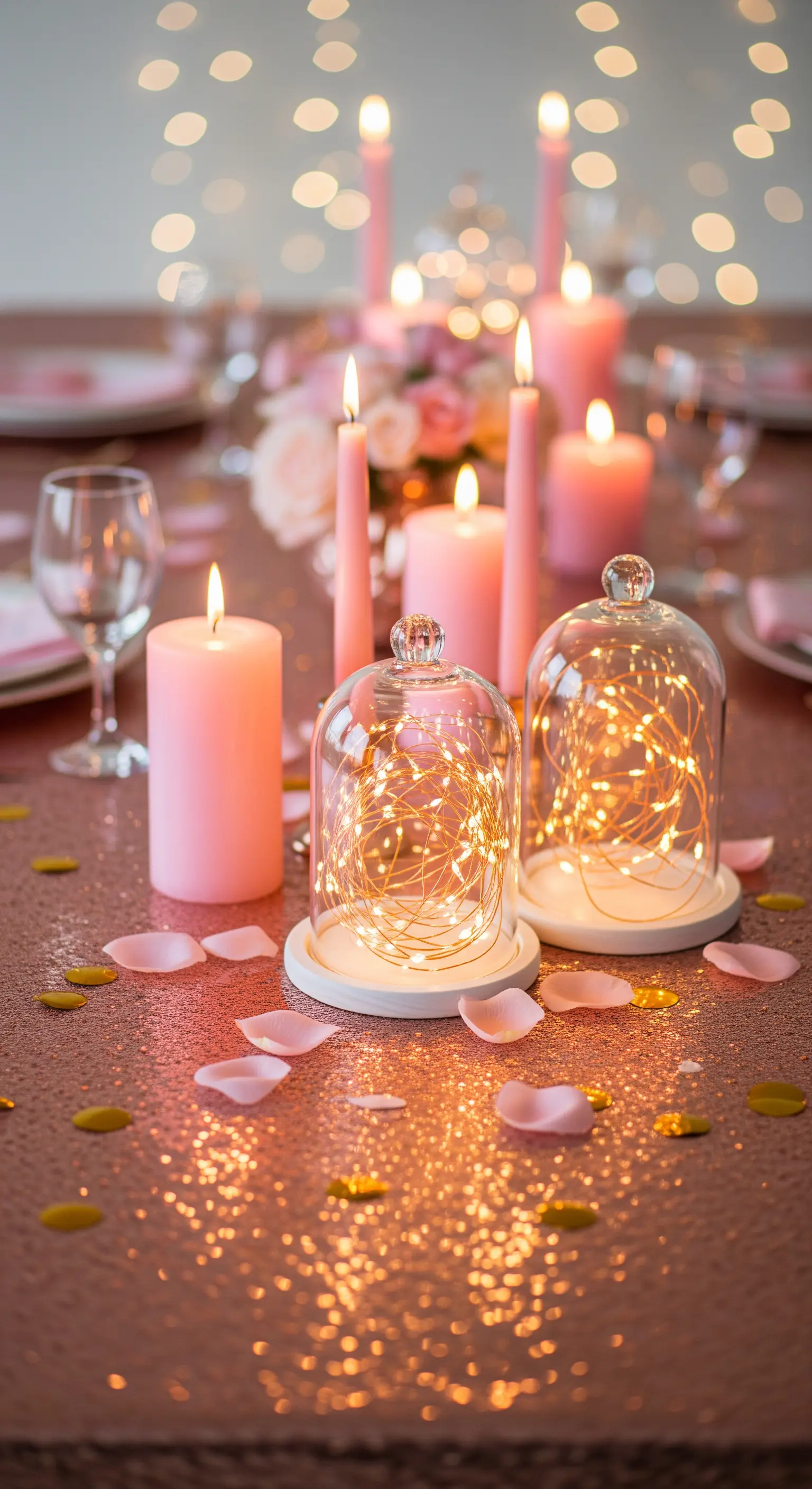 Roségoldener Tisch mit rosa Kerzen, Lichterketten unter Glasglocken und Rosenblättern.