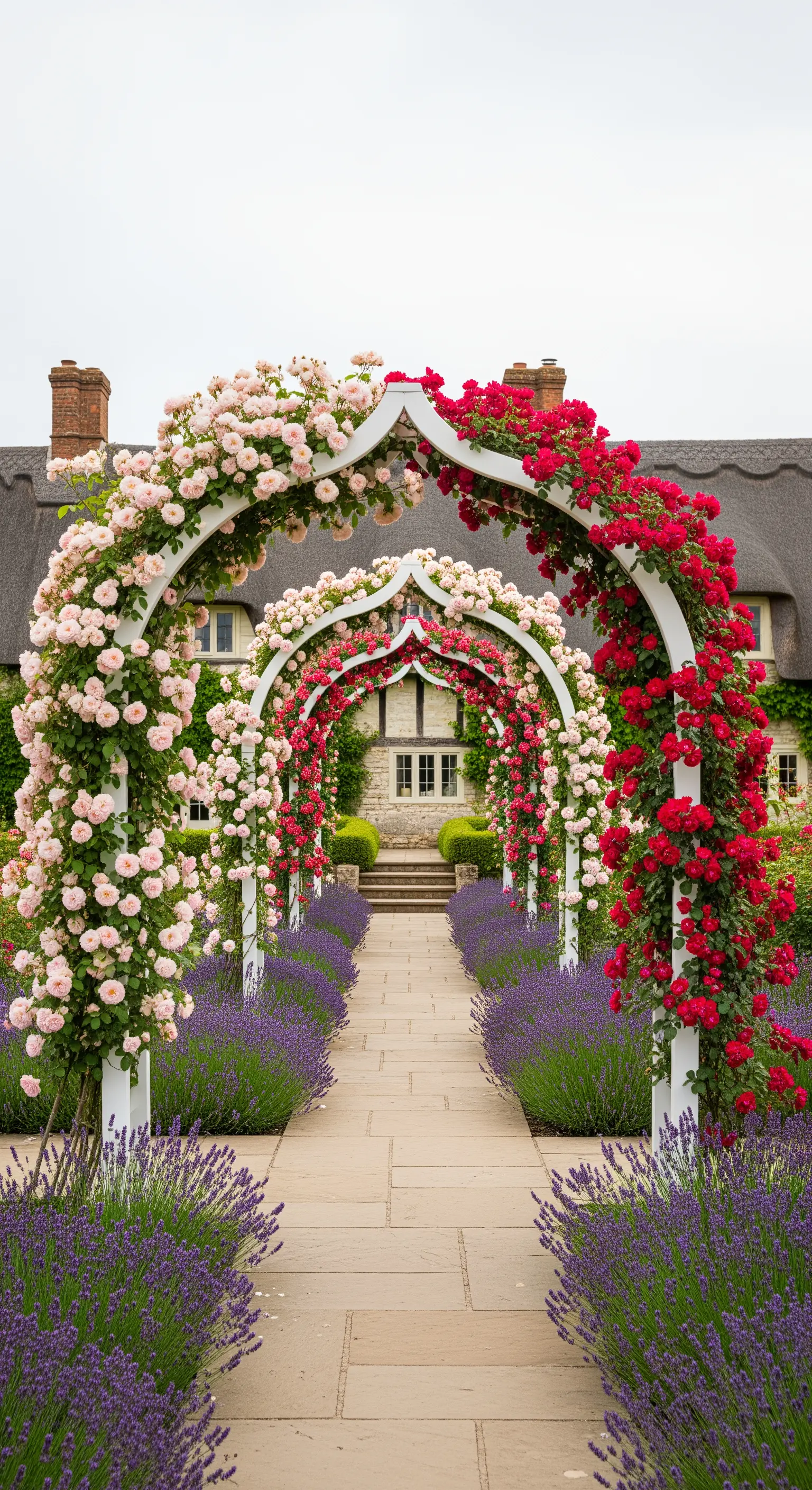 Reihe von Rosenbögen mit rosa und roten Kletterrosen, gesäumt von Lavendel, die einen Gartenweg bilden.