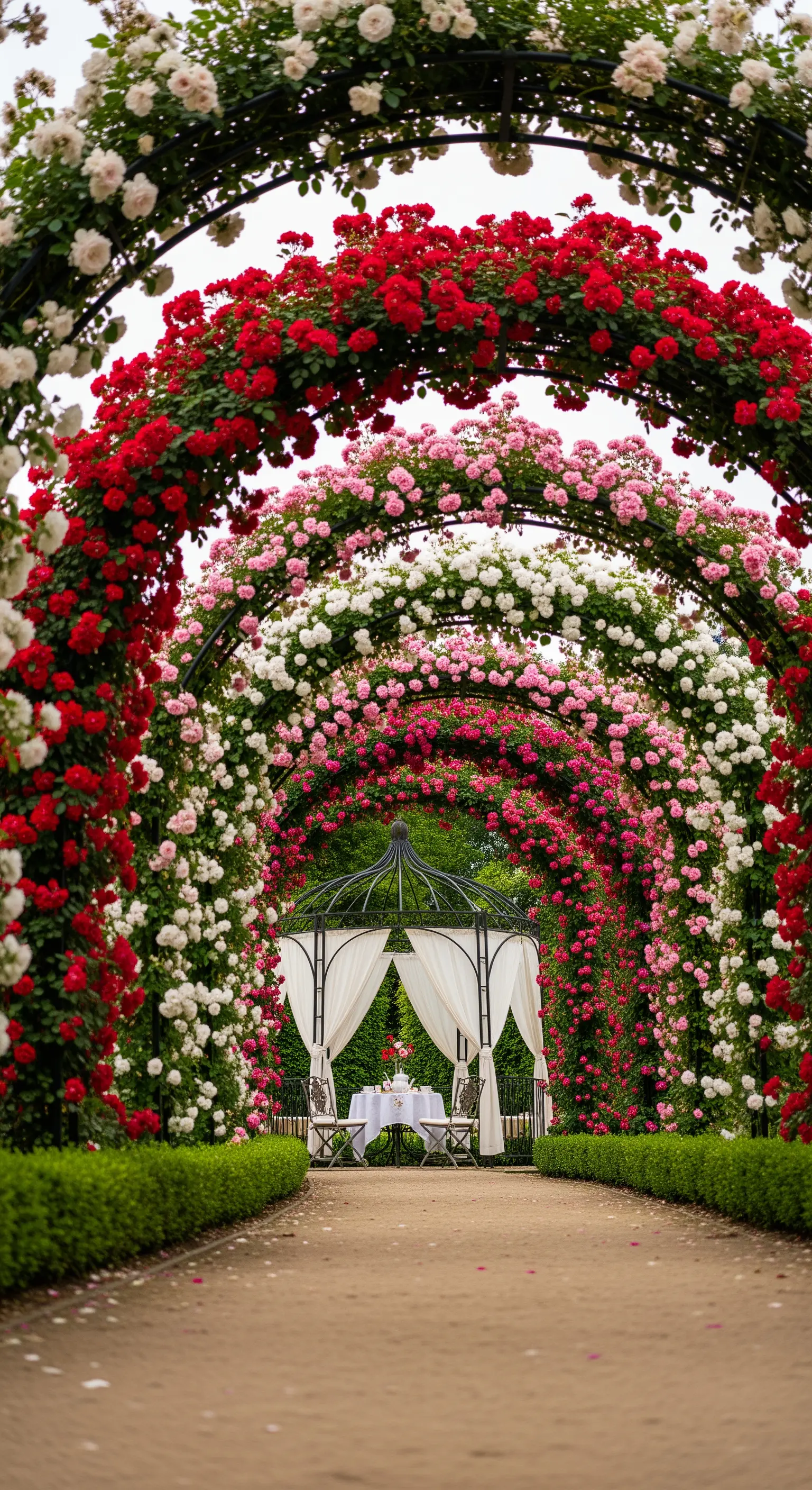 Rosenbögen in Rot, Rosa und Weiß führen zu einem Pavillon mit Teetisch