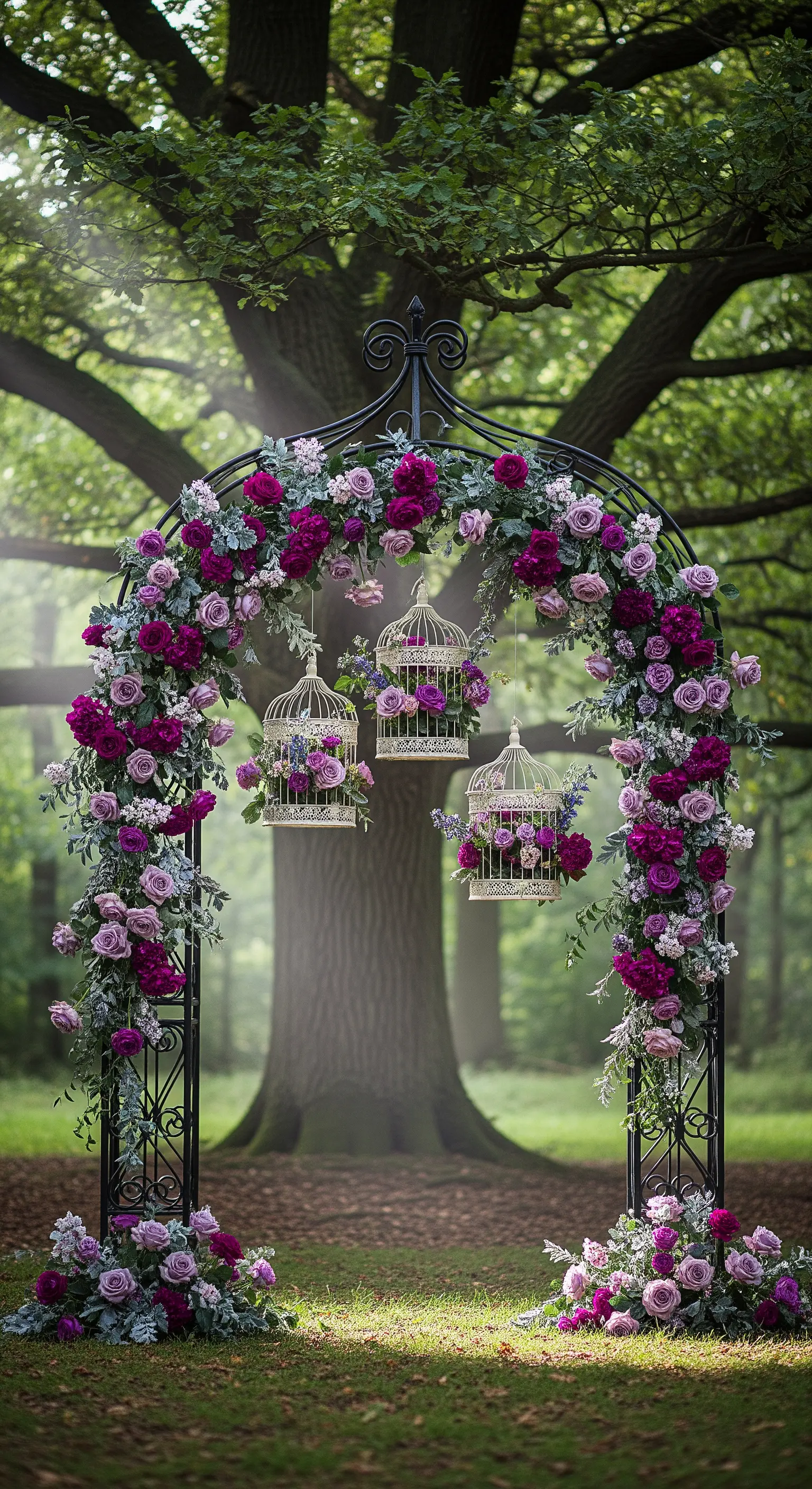 Schmiedeeiserner Bogen mit lila, magenta und rosa Rosen, dazu hängende weiße Vogelkäfige mit Blumen.