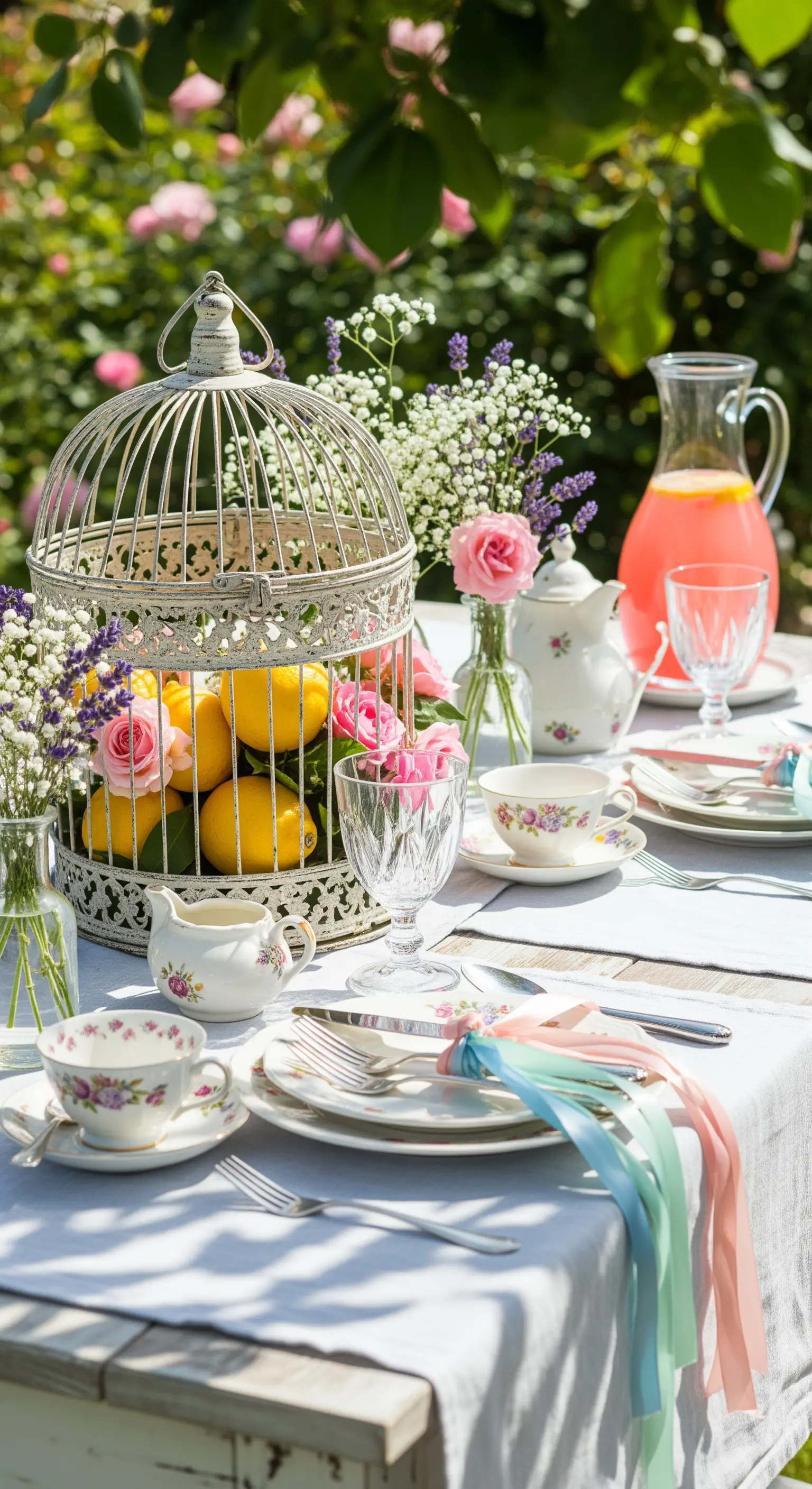 Gartentisch mit weißem Vogelkäfig, gefüllt mit Rosen und Zitronen, und bunten Bändern