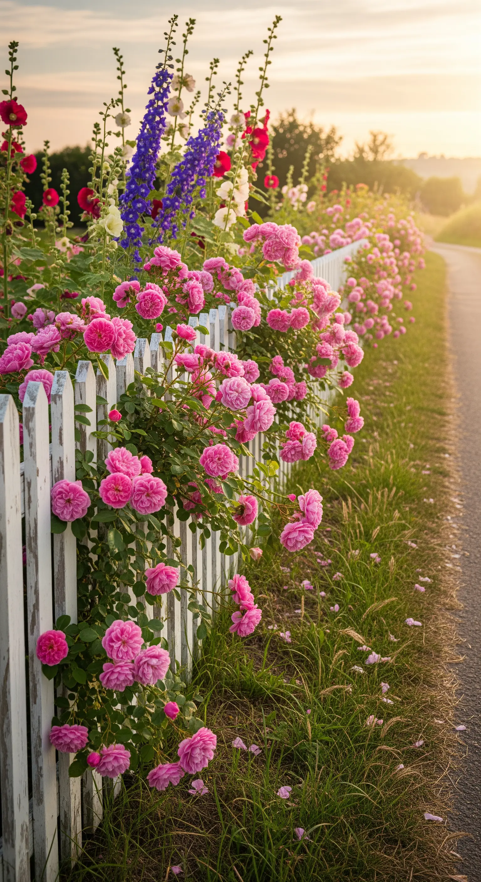 Lattenzaun, Kletterrosen, rosa Rosen, Landhausstil, Gartenabgrenzung