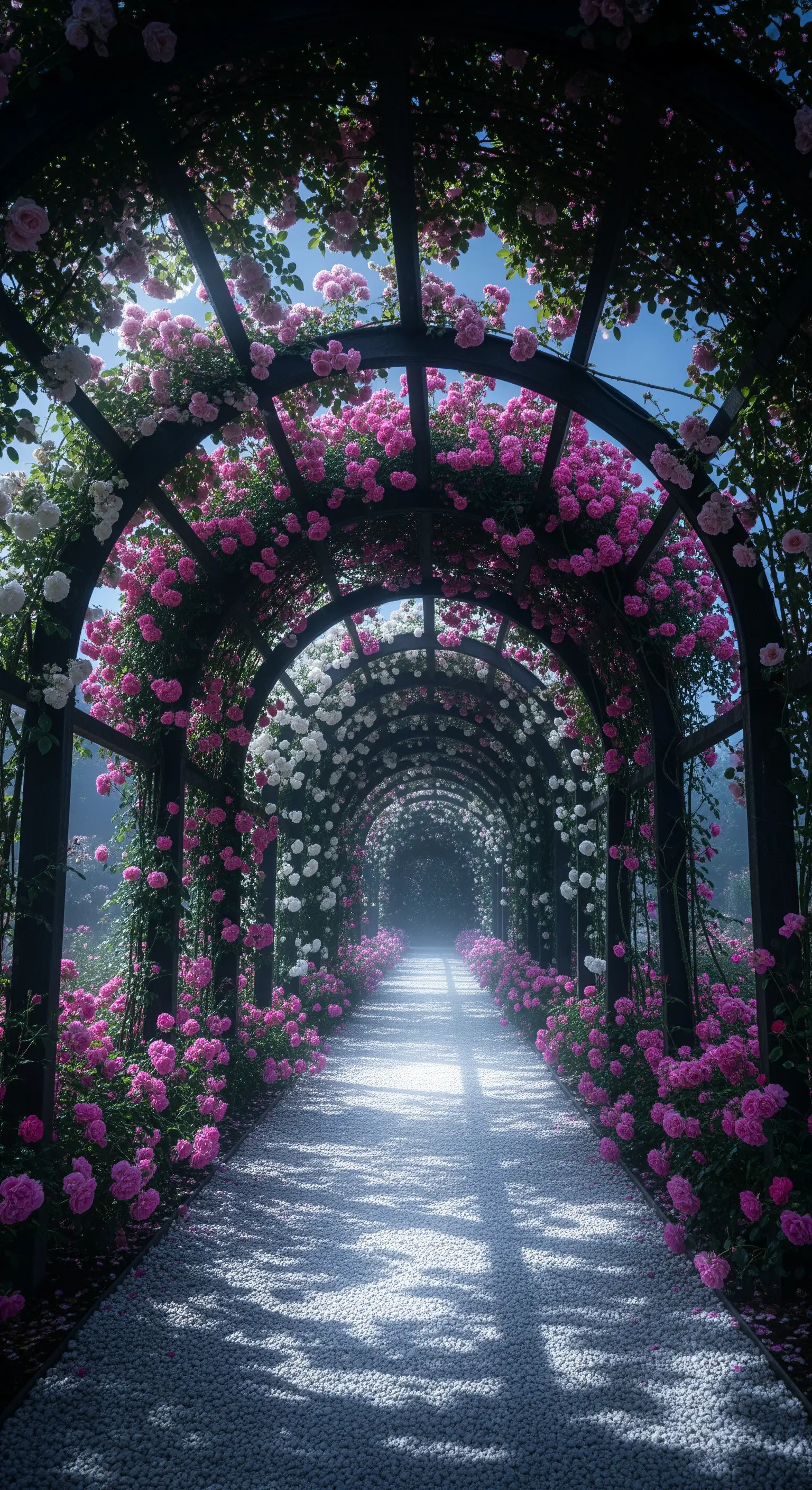 Langer Pergola-Tunnel, vollständig mit pinken und weißen Rosen bewachsen.