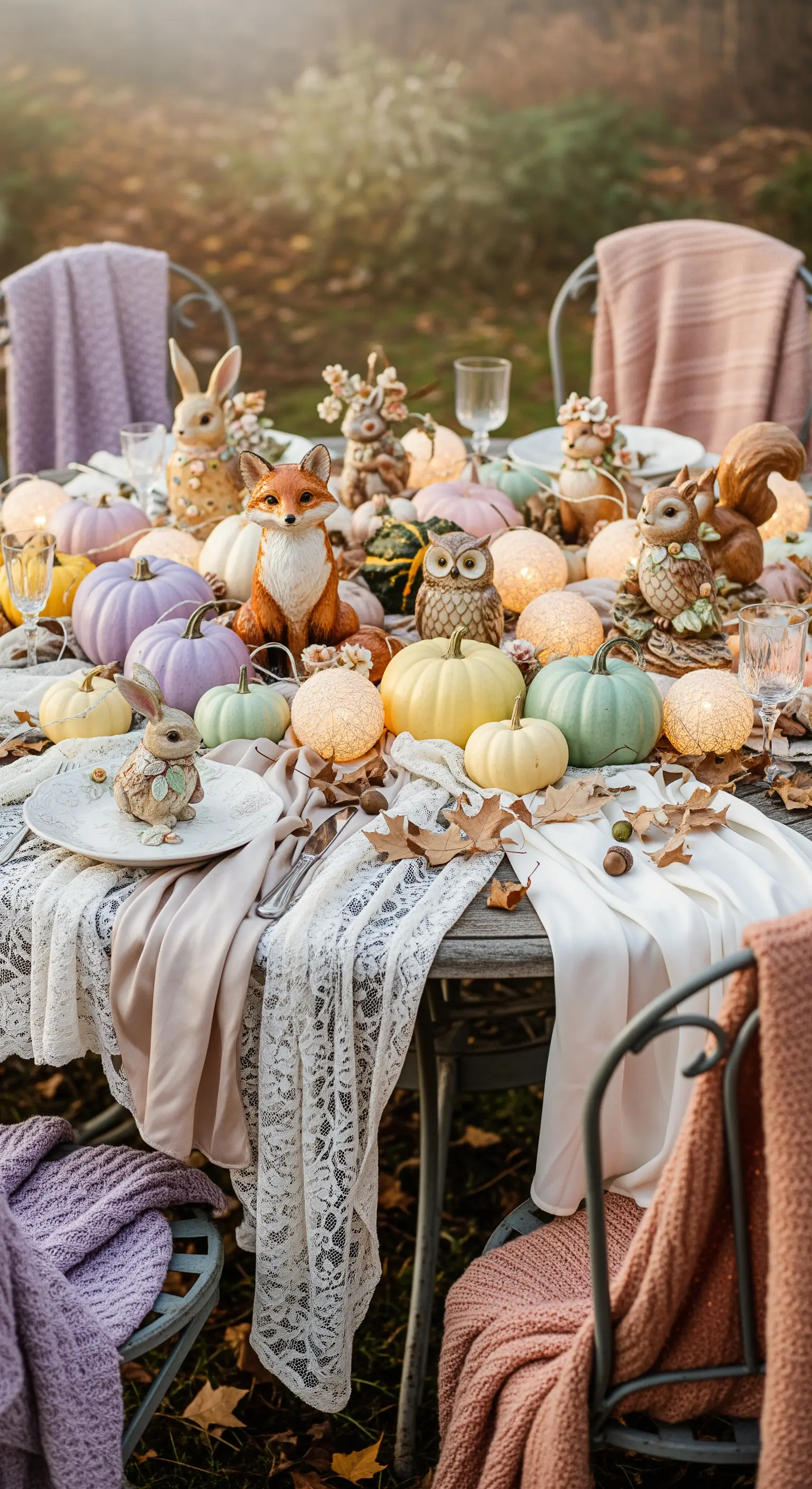Shabby Chic Herbsttafel, Pastell-Kürbisse, Keramiktiere, Lichterketten, Spitzentischdecke.