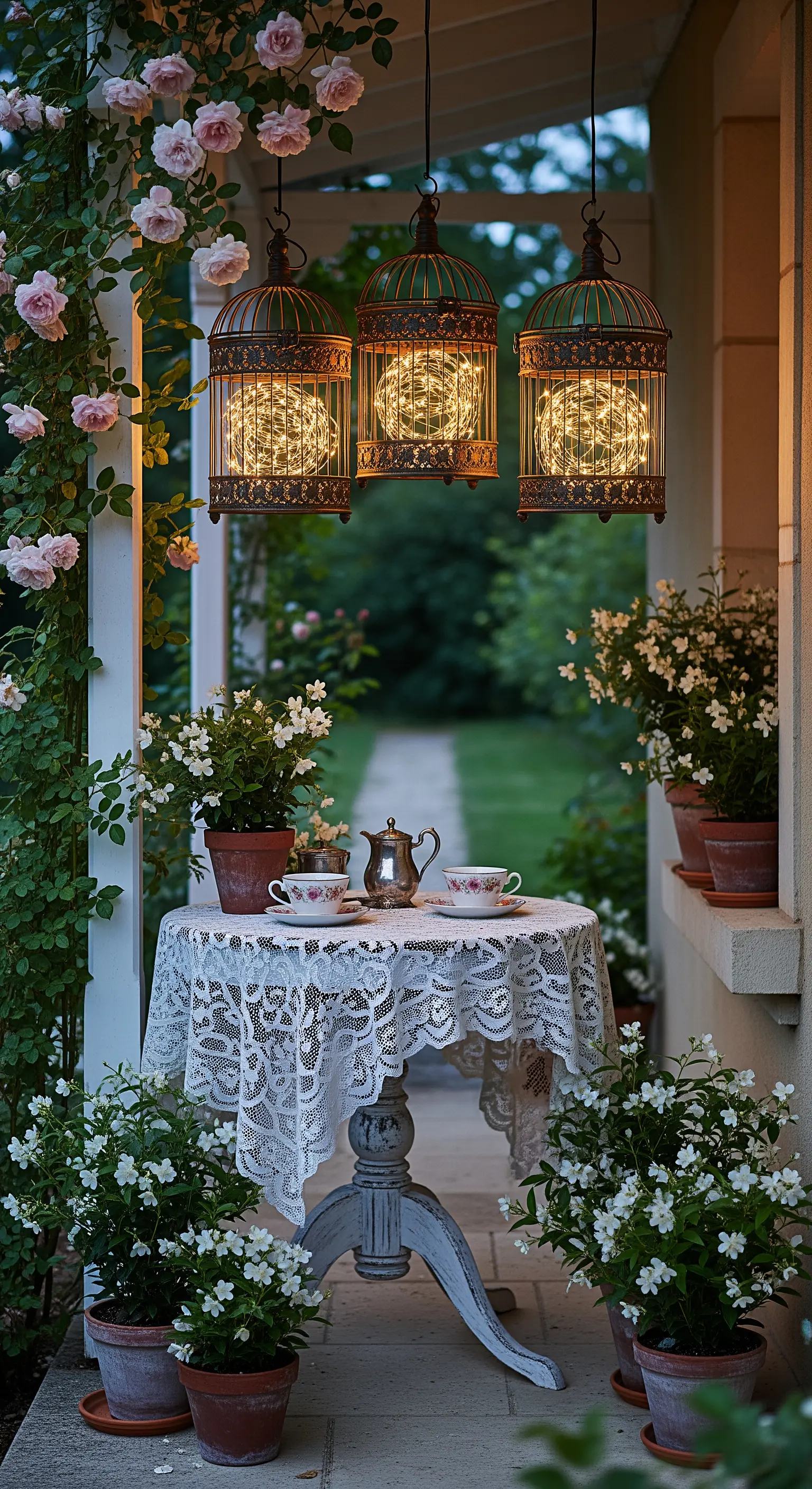 Romantischer Teebereich mit Spitzentischdecke, Topfblumen und beleuchteten Vogelkäfigen