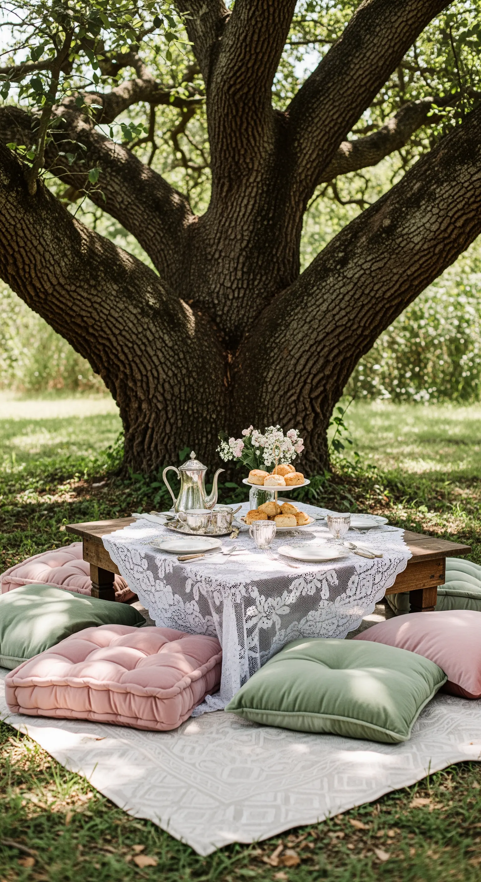 Bodensitzplatz mit Holztisch, Spitzendecke, Pastellkissen unter großem Baum, englischer Teestil.