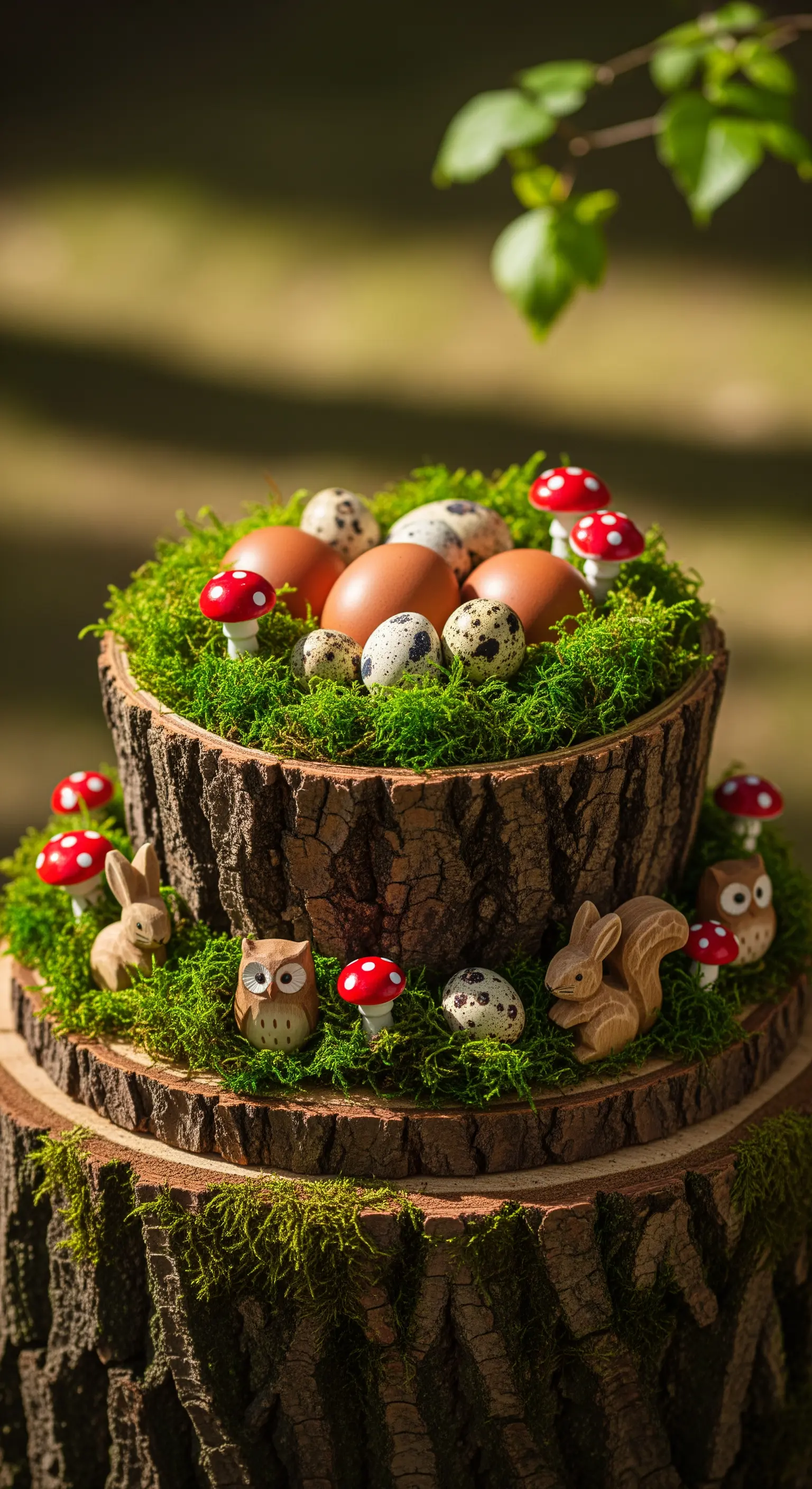 Zweistufige Baumstamm-Etagere mit Moos, Eiern, Holzfiguren und Mini-Fliegenpilzen