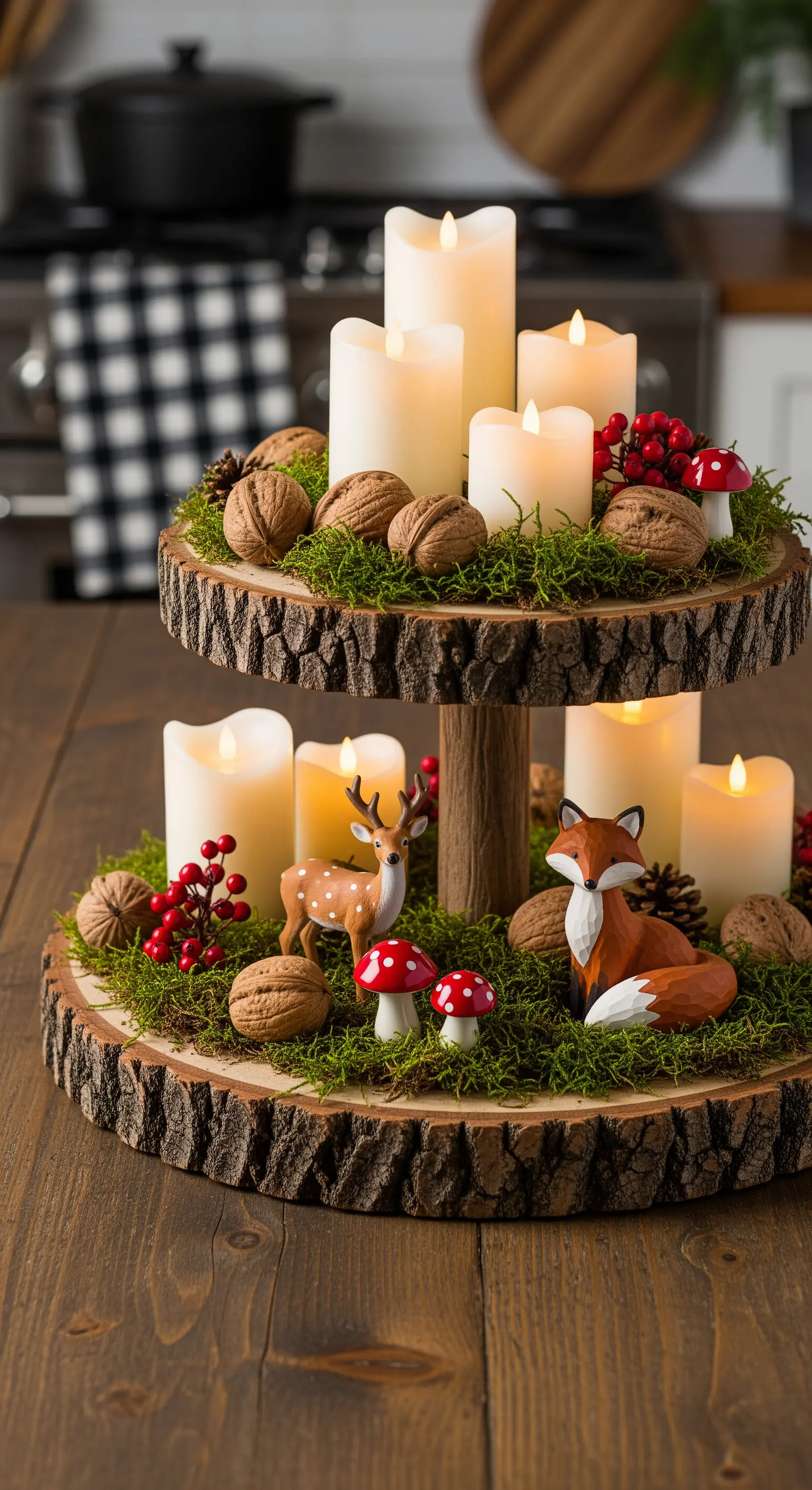 Etagere aus Holzscheiben mit Moos, Waldtieren, Pilzen und LED-Kerzen.