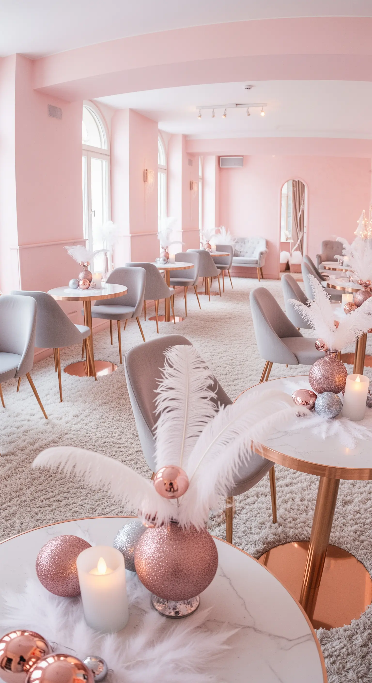 Café-Raum in Rosa mit glitzernden Weihnachtskugeln und Federn