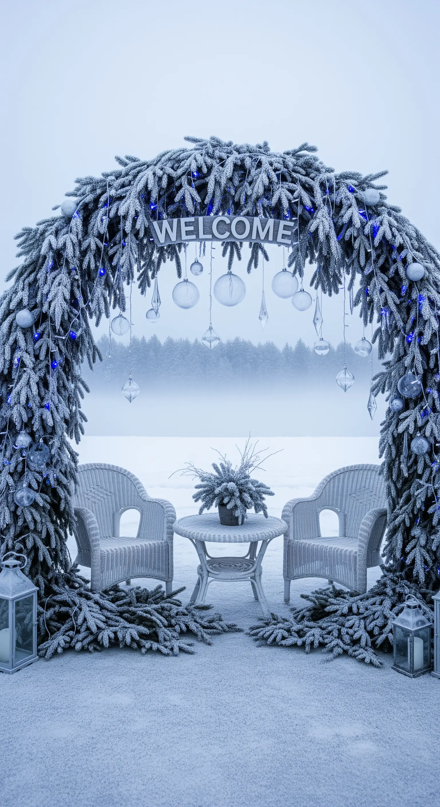 Schneebedeckter Bogen aus Tannengrün mit Lichterketten, Ornamenten und „WELCOME“-Schild.
