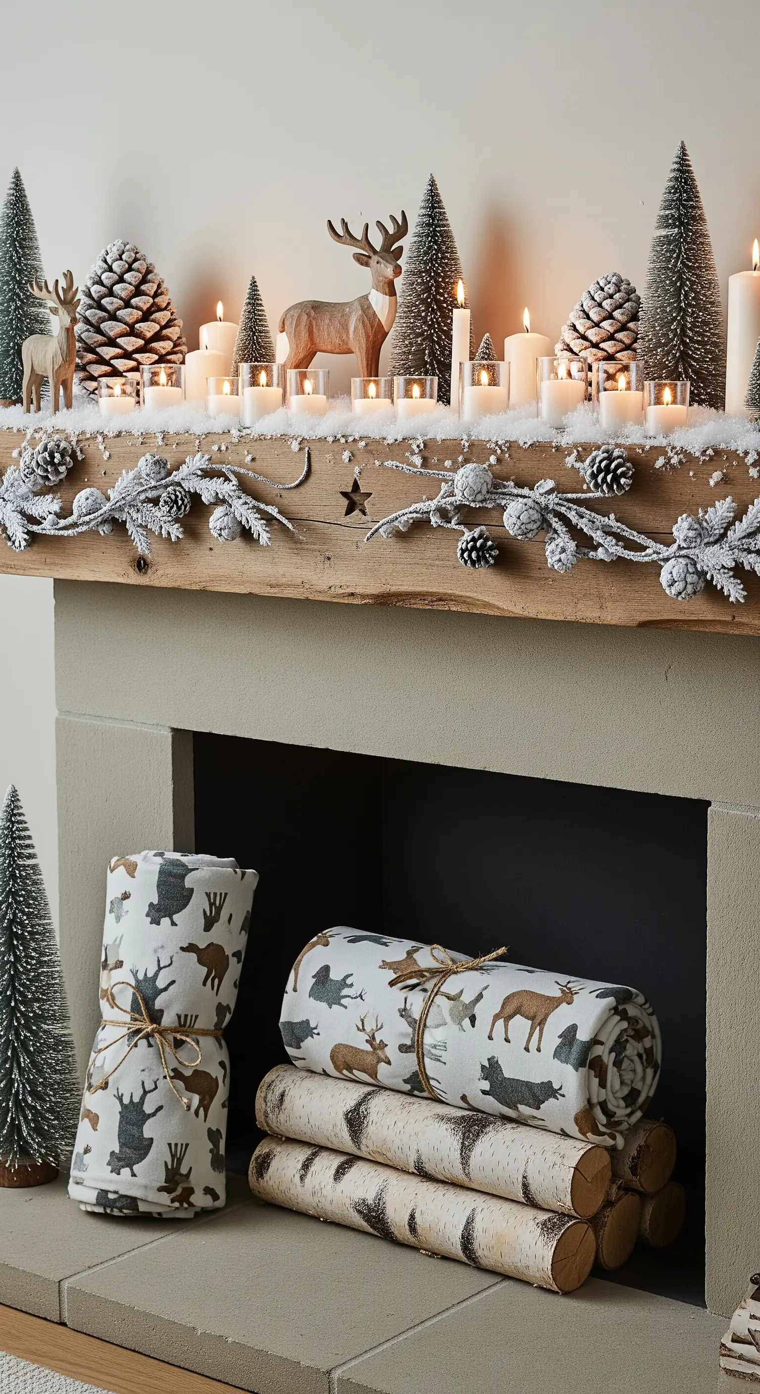 Winterliche Kamin-Deko mit Kunstschnee, Mini-Tannenbäumen und Holzfiguren.