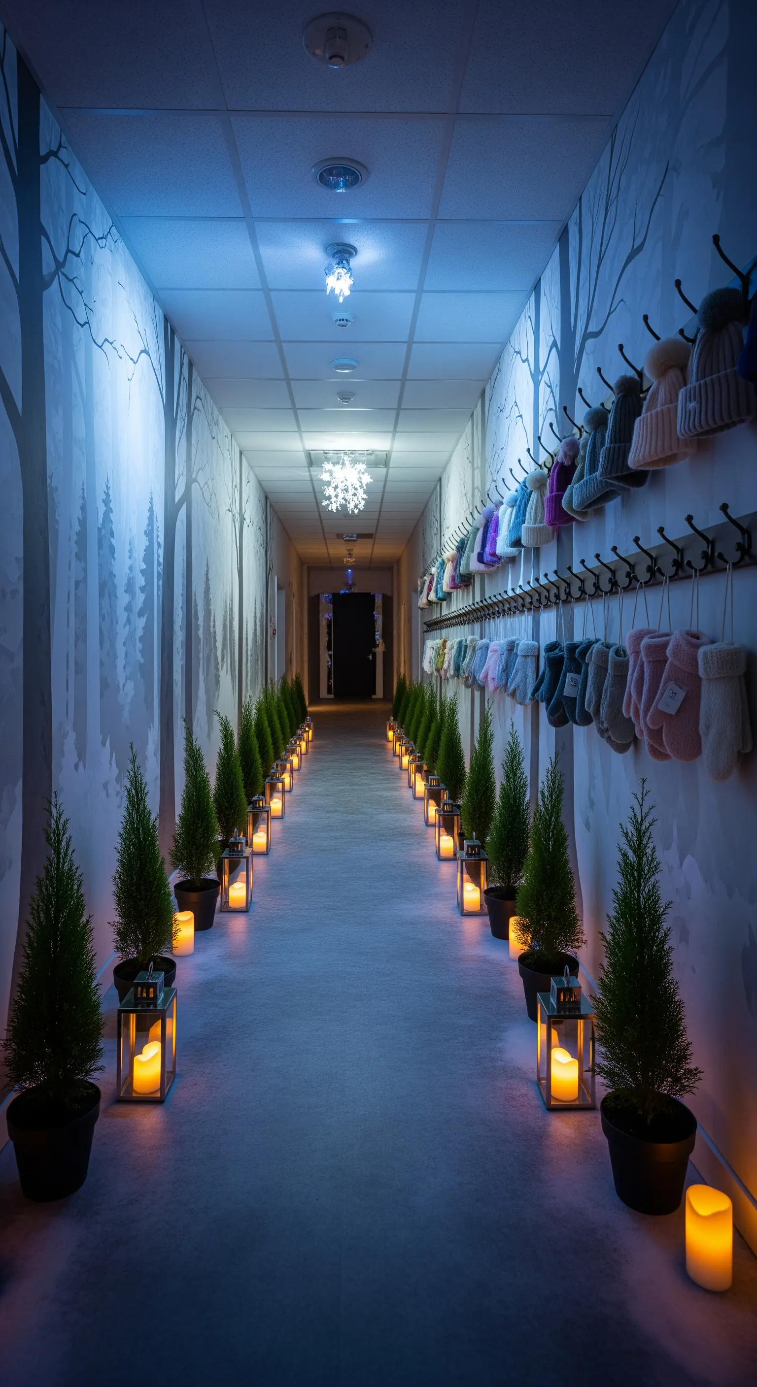 Winterwald-Flur mit Baumtapete, kleinen Bäumen, Laternen und Haken für Mützen