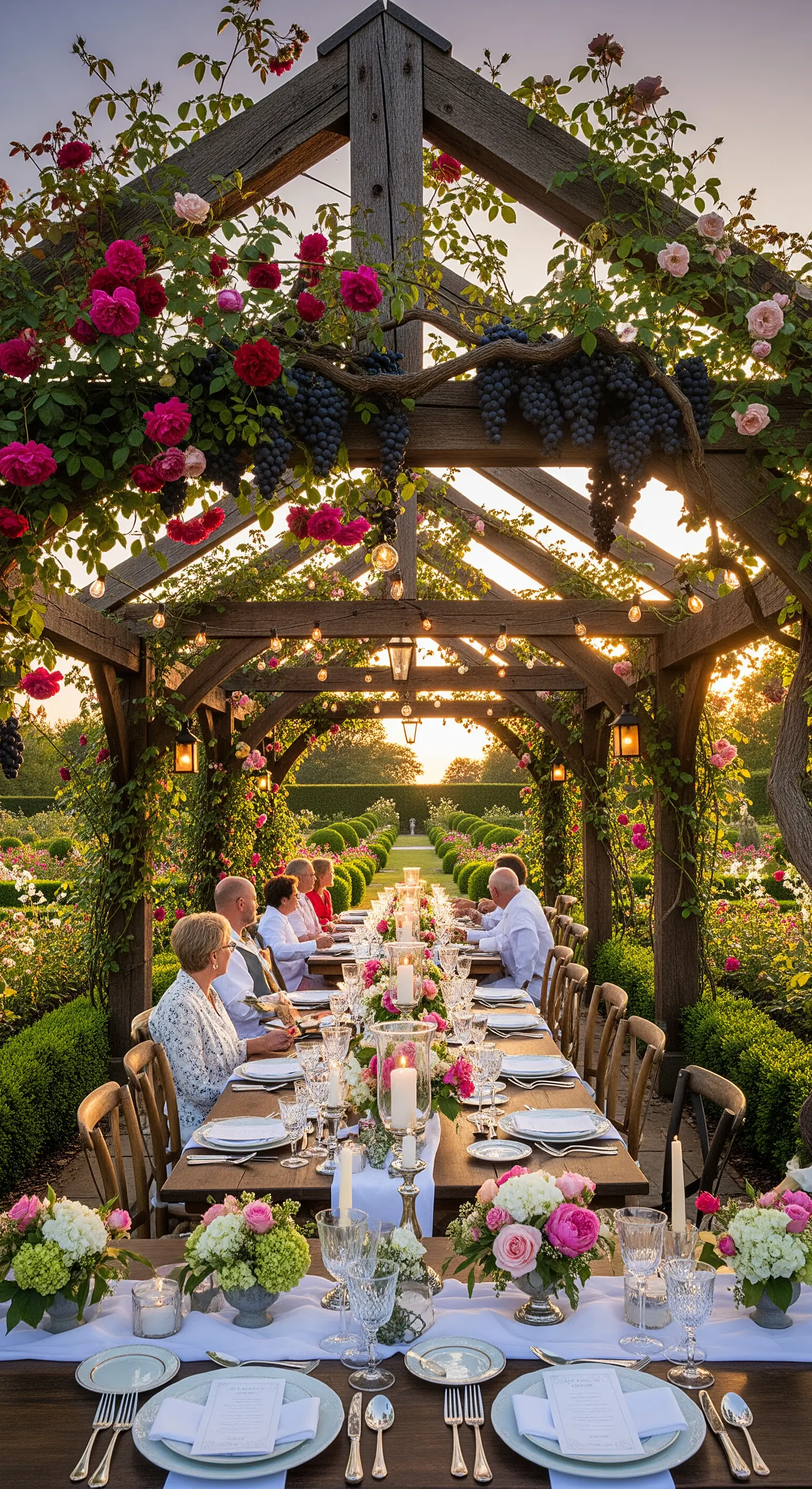Pergola-Esstisch, Rosen, Weintrauben, Lichterketten, festliches Dinner