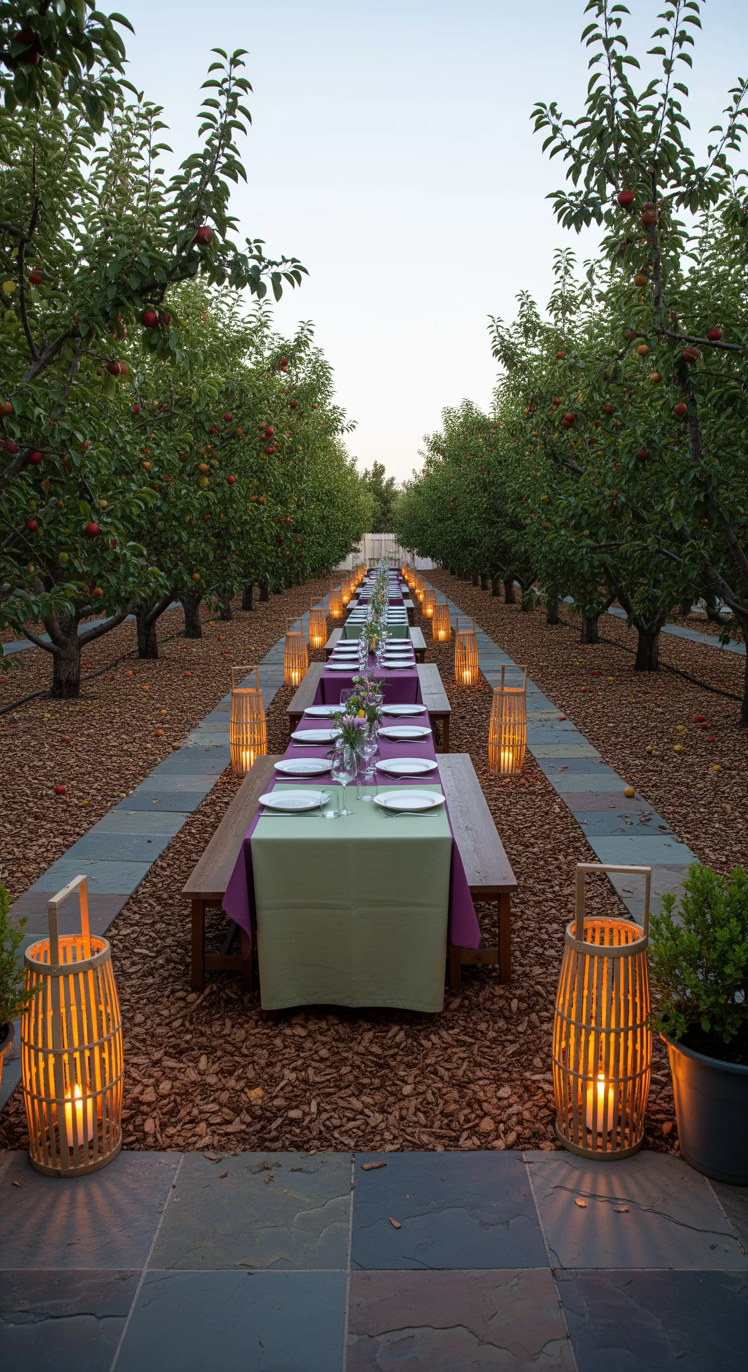 Langer Esstisch im Obstgarten mit zahlreichen Bambus-Laternen