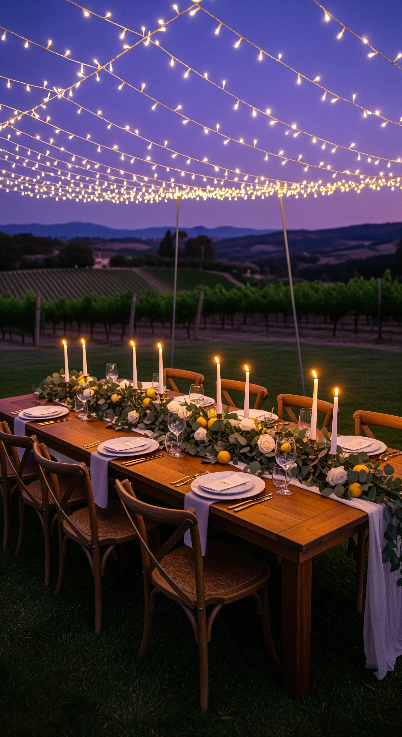 Festlicher Tisch im Weinberg mit Lichterketten und Zitronen-Deko