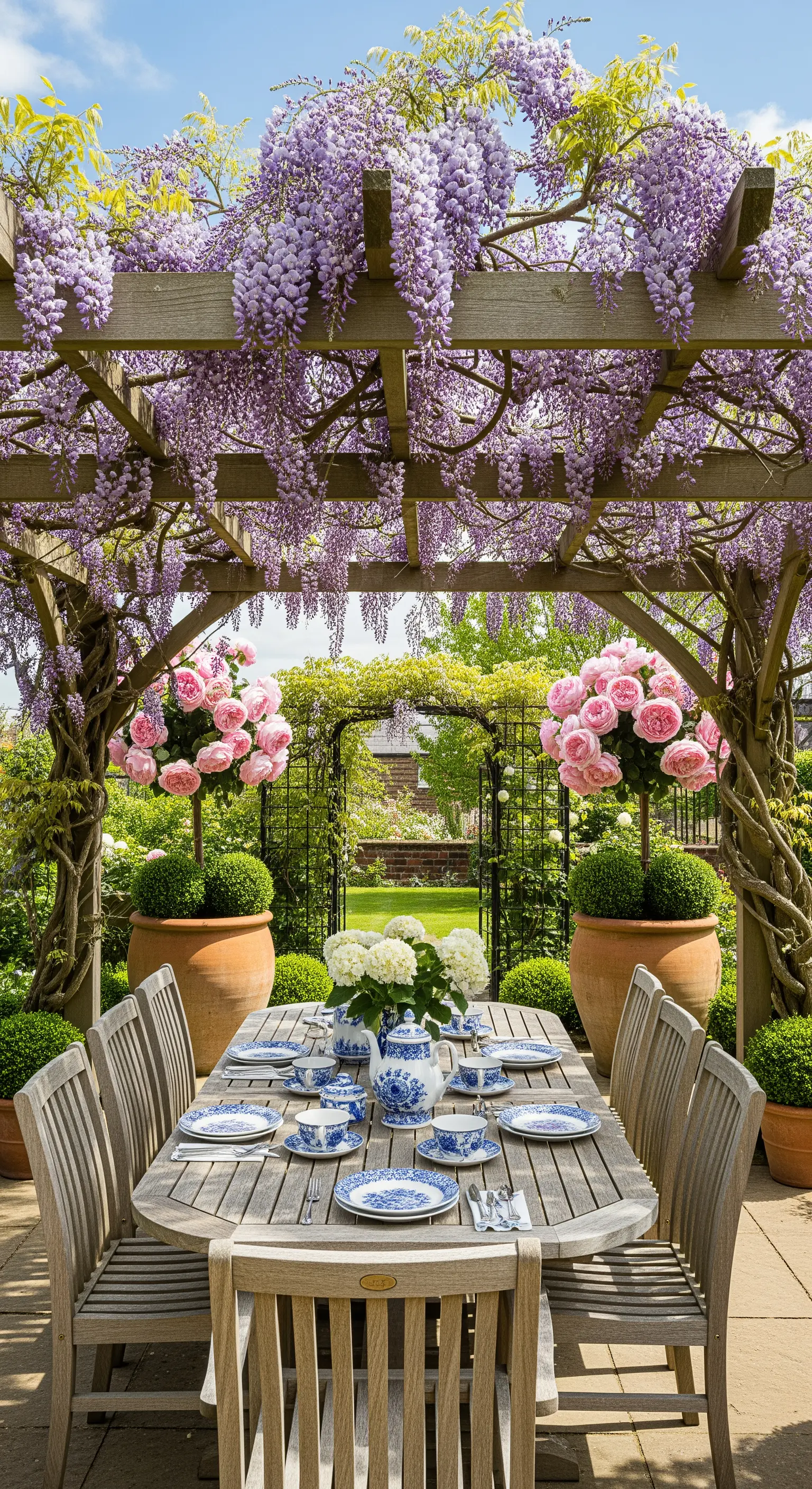 Essbereich unter blühendem Blauregen, gedeckter Holztisch mit Porzellan