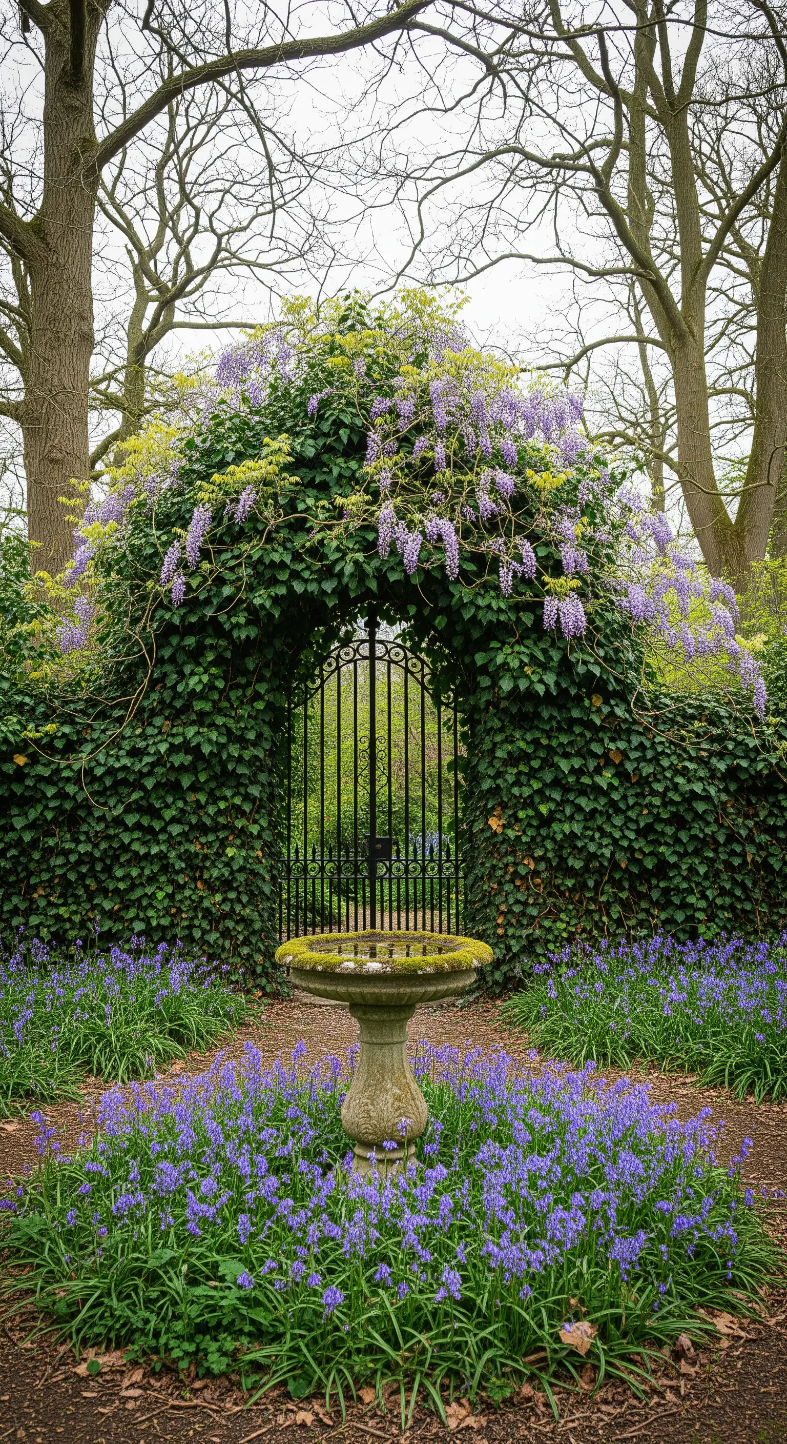 Geschmiedetes Gartentor mit Glyzinienbogen und Vogelbad umgeben von Bluebells