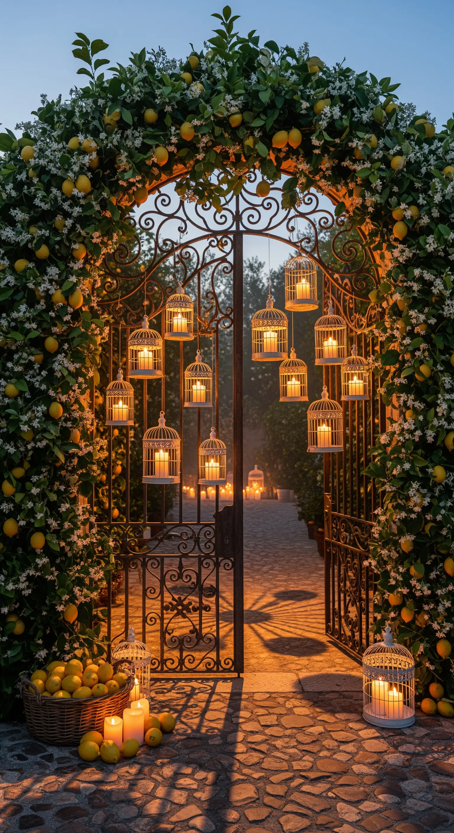 Gartentor mit Zitronen- und Jasminbogen, hängenden Vogelkäfig-Laternen und Kerzen