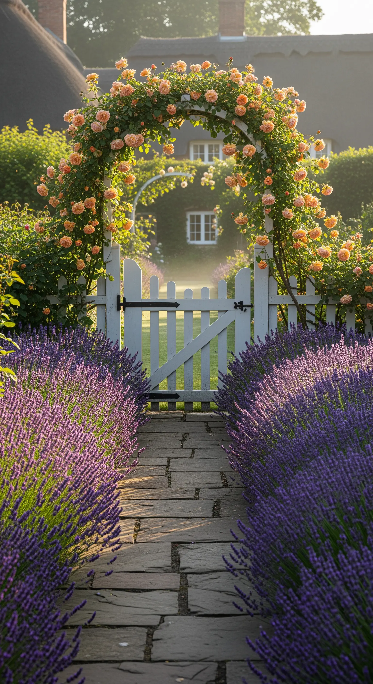 Gartentor, Rosen, Lavendel, Reetdachhaus, romantischer Eingang