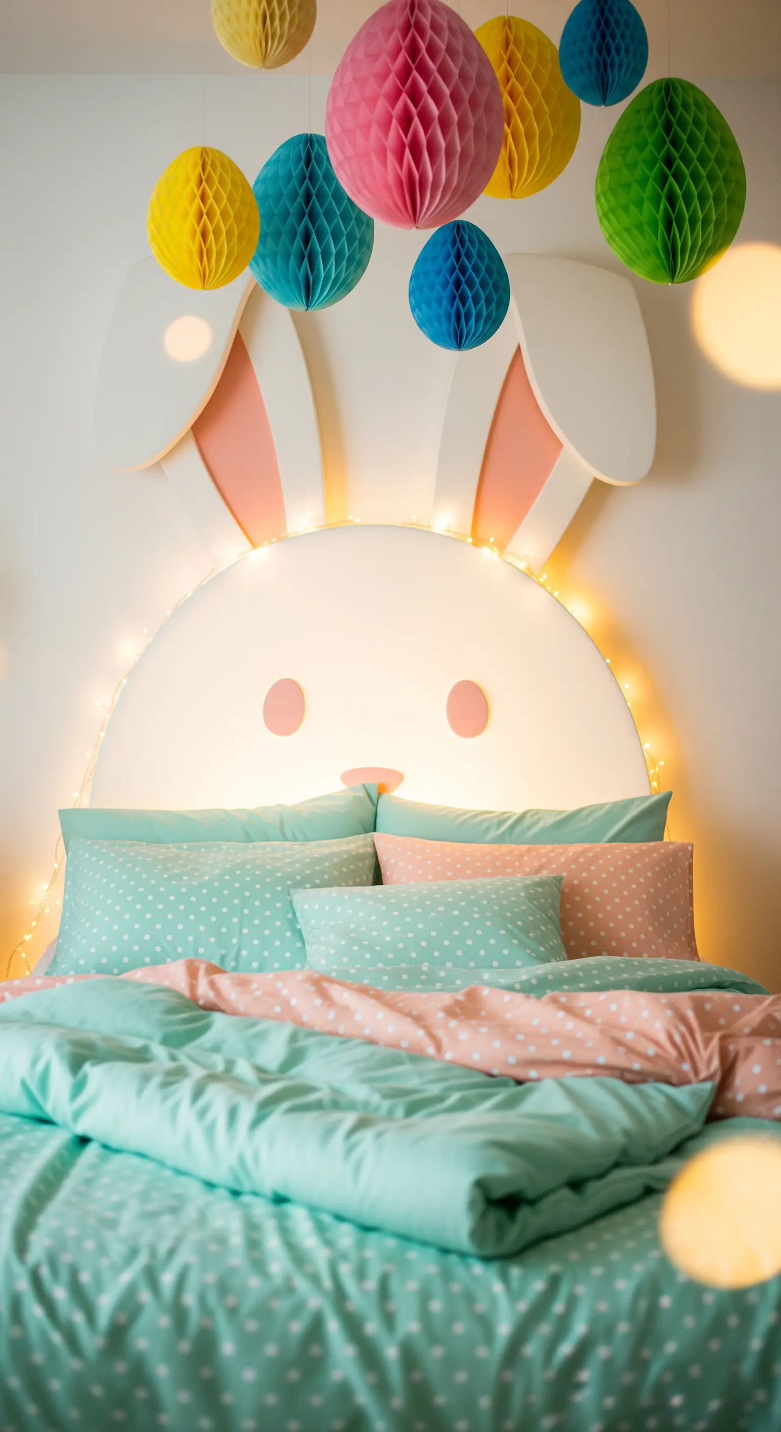 Hasen-Kopfteil, Lichterkette, Lampions in Pastellfarben.