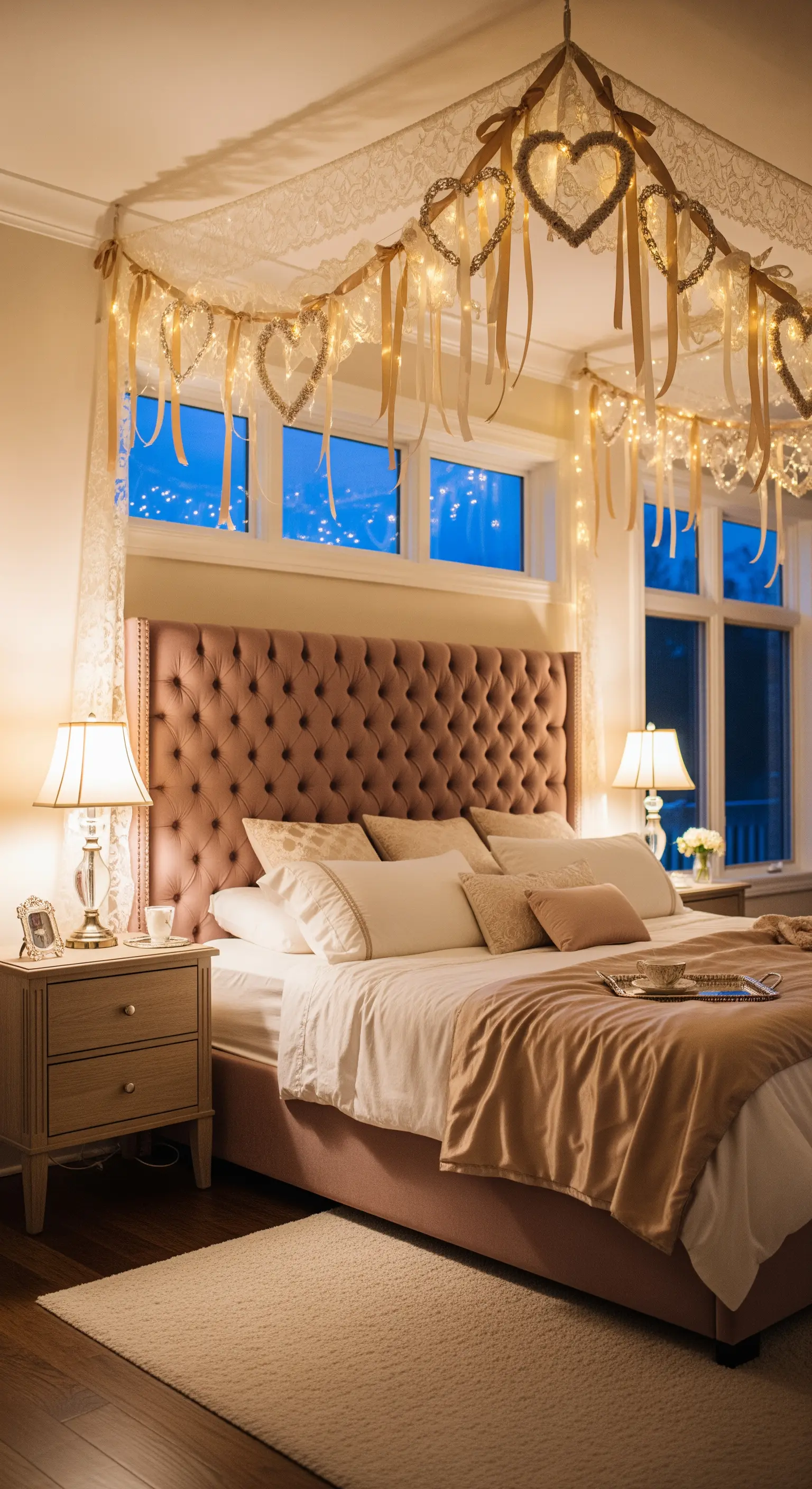 Himmelbett, Lichterketten, Herz-Girlanden, romantisches Schlafzimmer