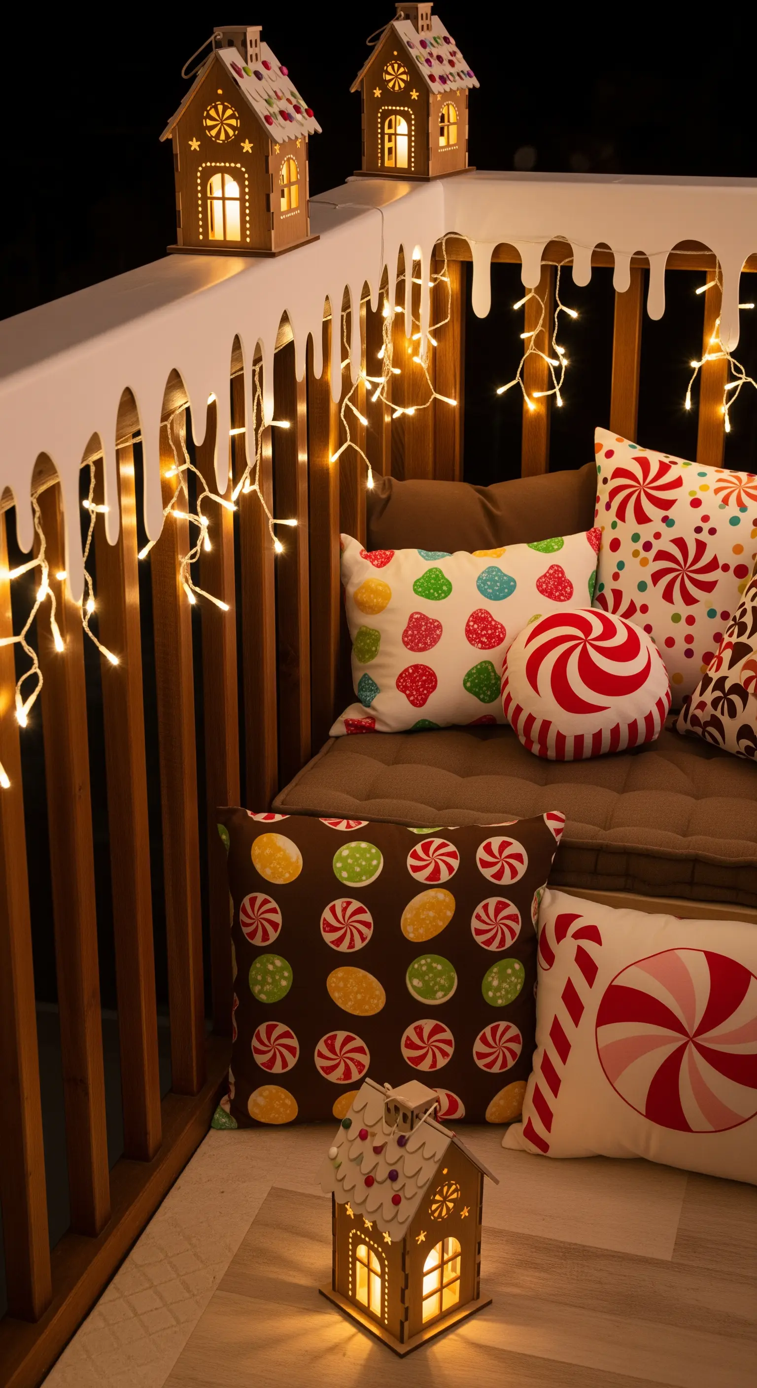 Balkon mit beleuchteten Lebkuchenhäuschen, 'Zuckerguss'-Lichterkette und bunten Kissen