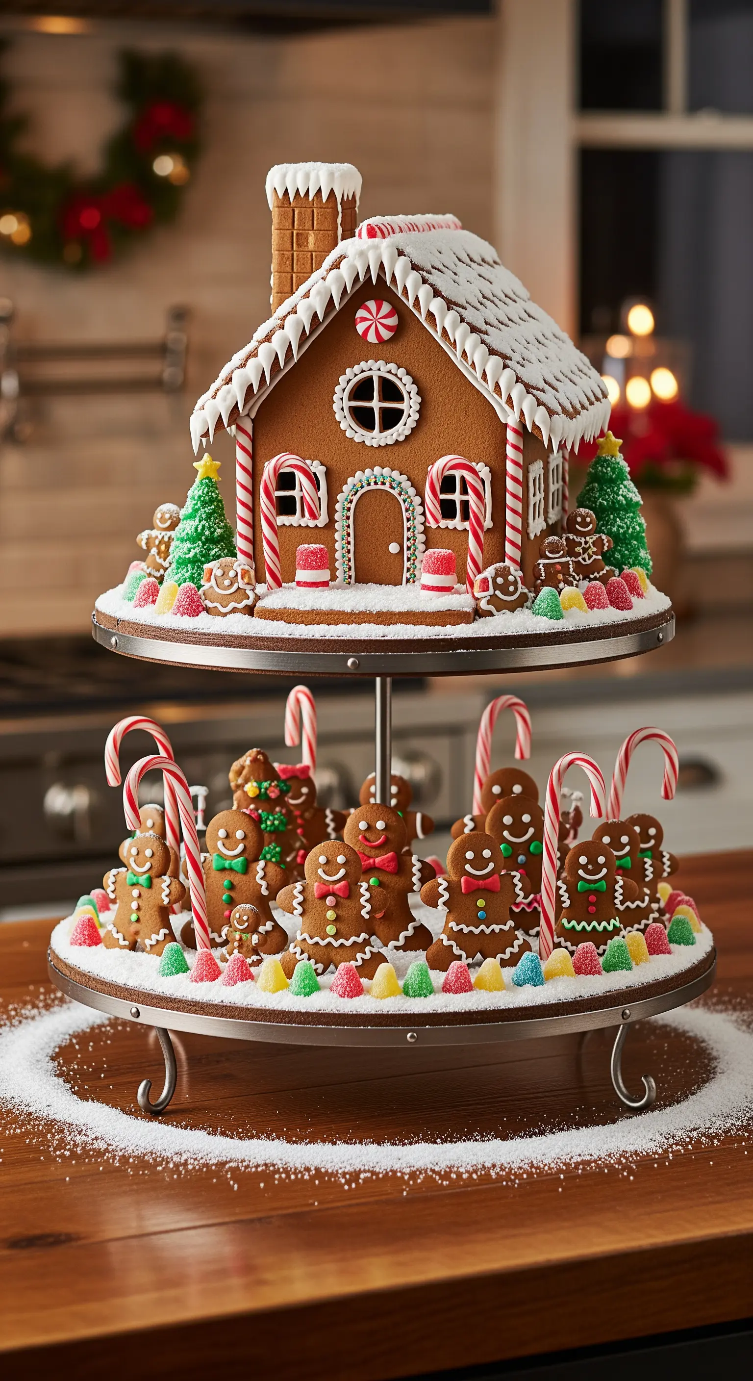 Zweistöckige Etagere mit einem großen Lebkuchenhaus oben und Lebkuchenmännchen unten.