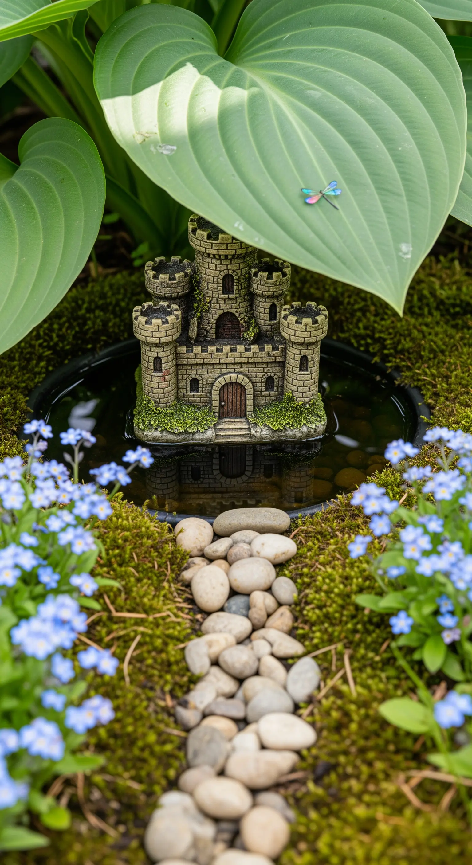 Miniatur-Schloss in kleinem Teich, umgeben von Kieselsteinen und Vergissmeinnicht