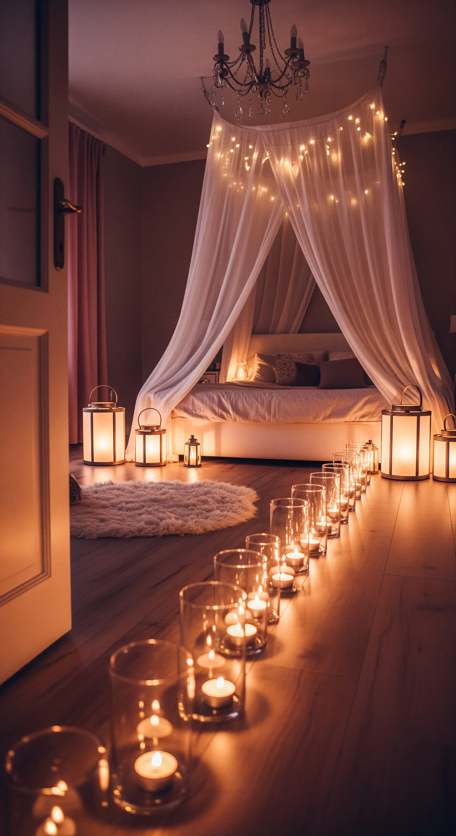 Schlafzimmer mit Himmelbett, Lichterketten und Kerzenpfad