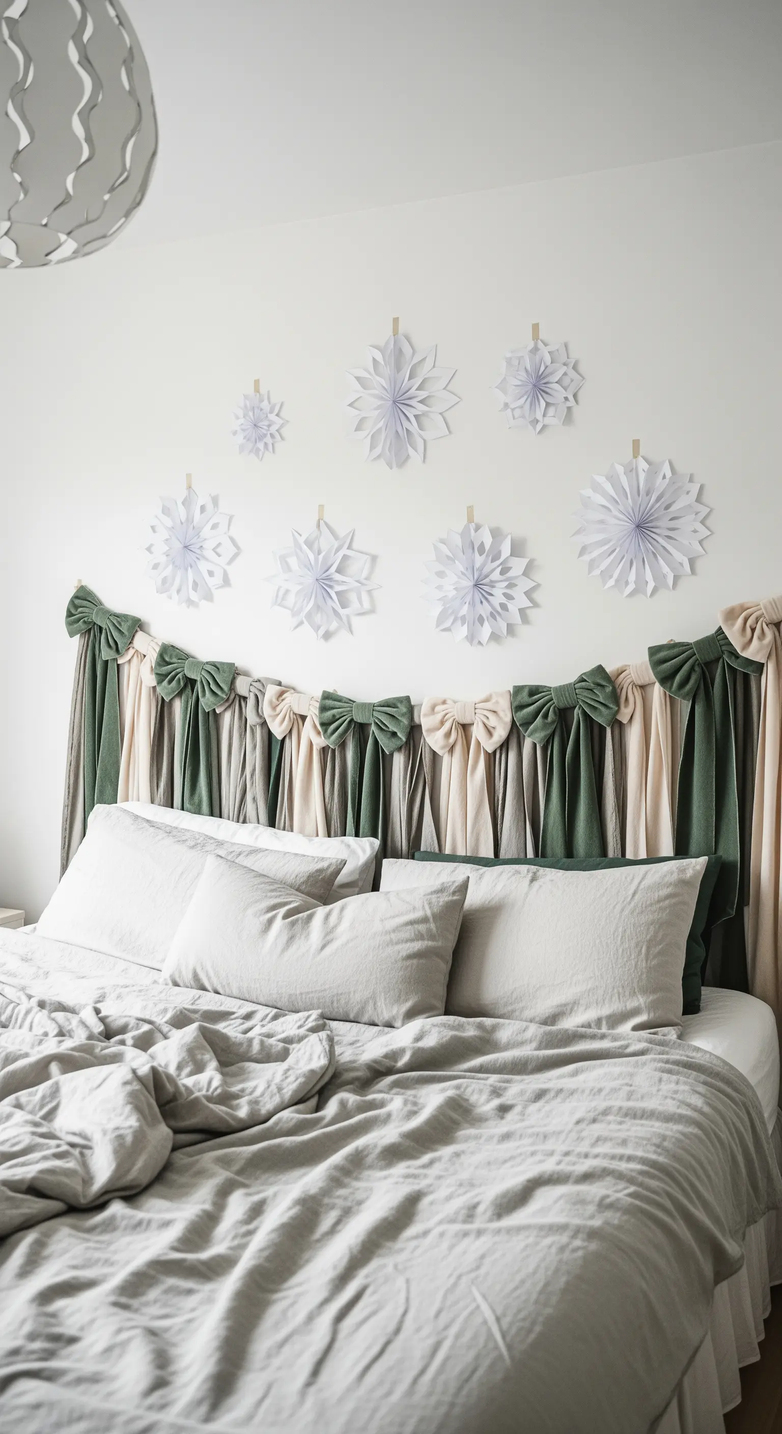 Kopfteil mit Stoffbögen und Papier-Schneeflocken in Weiß und Grün