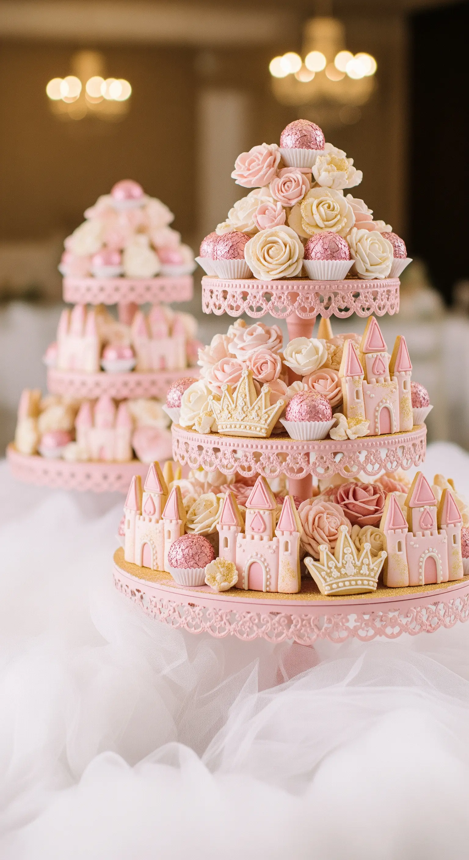 Rosa Etagere dekoriert mit kleinen Zuckerguss-Schlössern, Rosen und Pralinen.