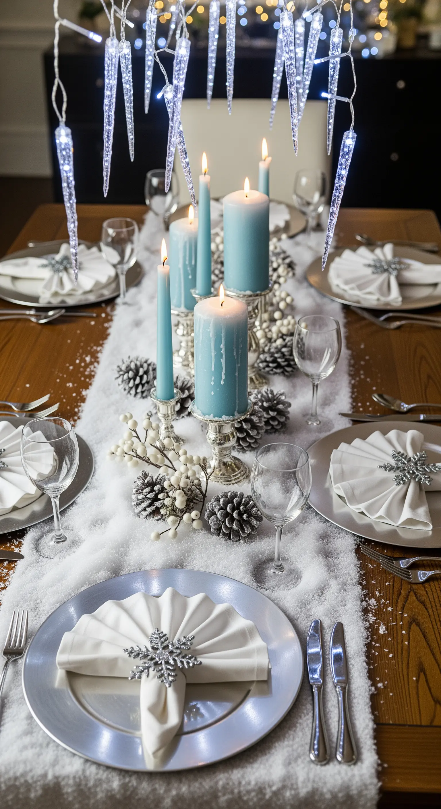 Wintertisch mit Kunstschnee, blauen Kerzen, Zapfen, Eiszapfen-Lichterketten und silbernen Akzenten.