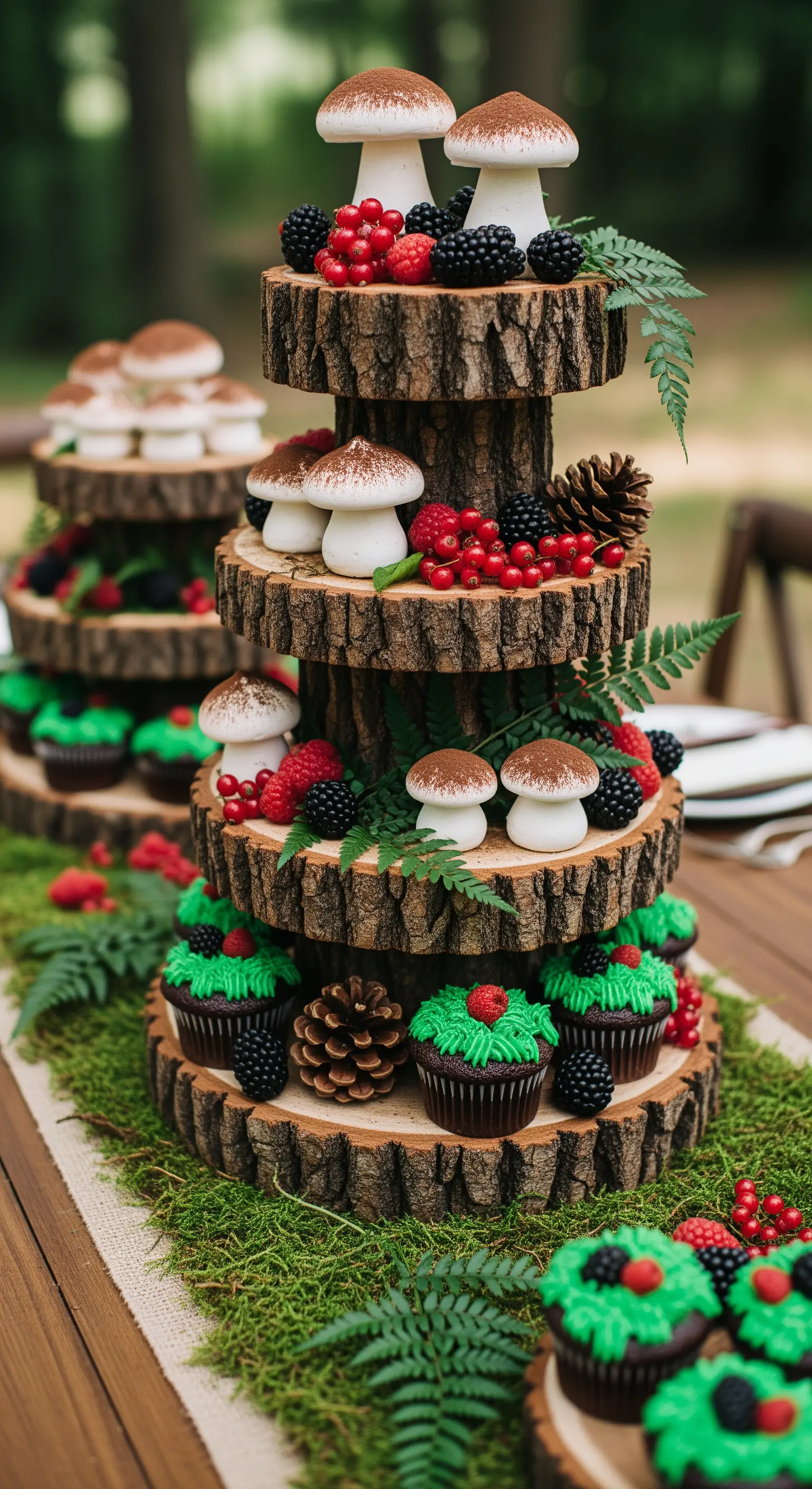 Mehrstöckige Holzscheiben-Etagere mit Waldbeeren, Farn und Pilz-Gebäck.