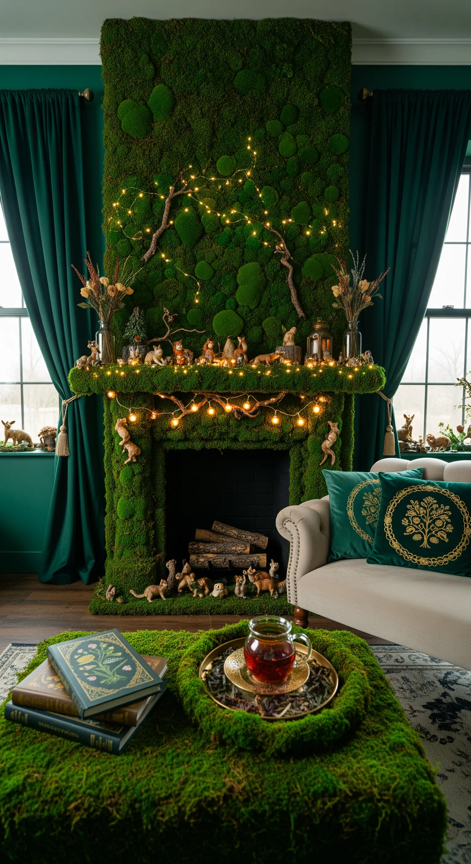 Moosbedeckter Kamin mit Lichterketten und Waldtierfiguren, märchenhafte Winterdekoration.