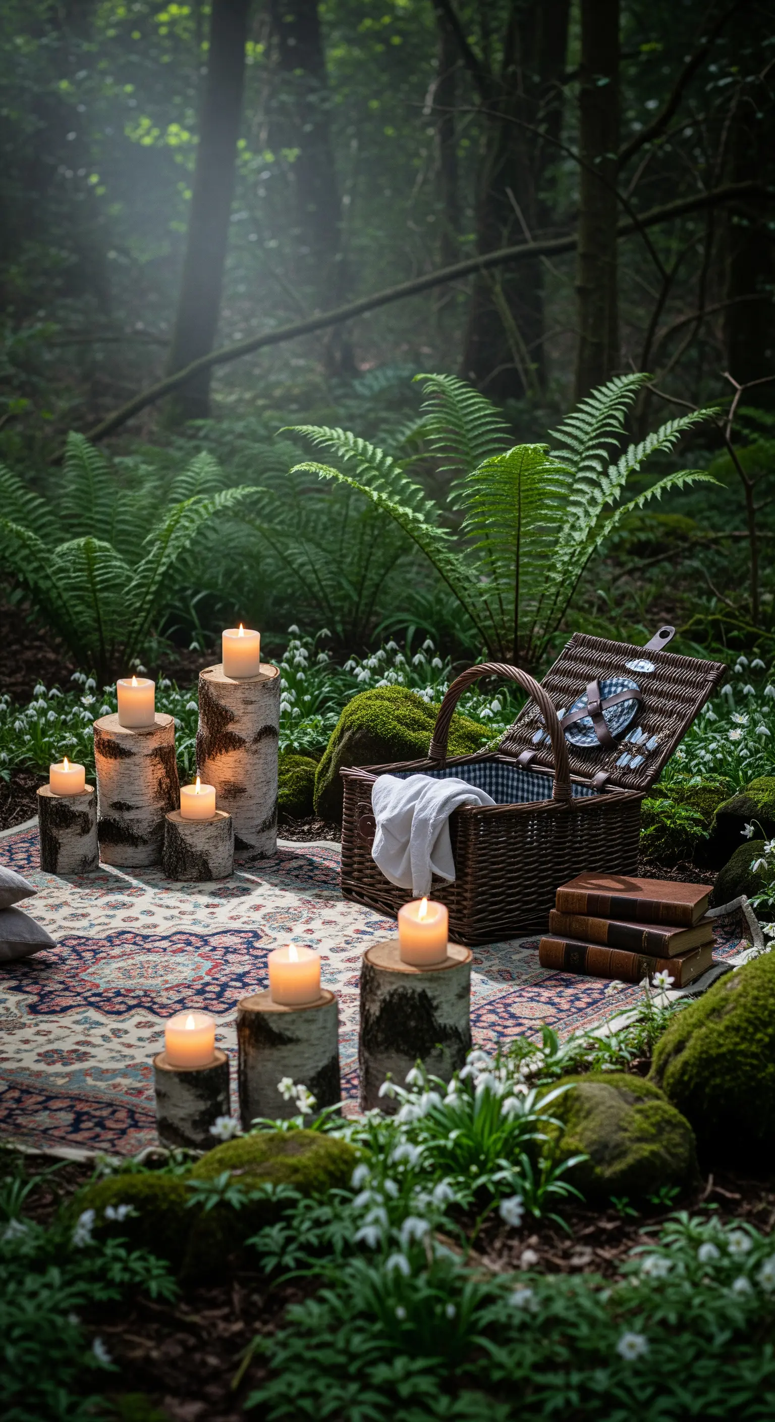 Wald-Picknick mit gemustertem Teppich, Birkenstamm-Kerzen und Picknickkorb im Farnwald.
