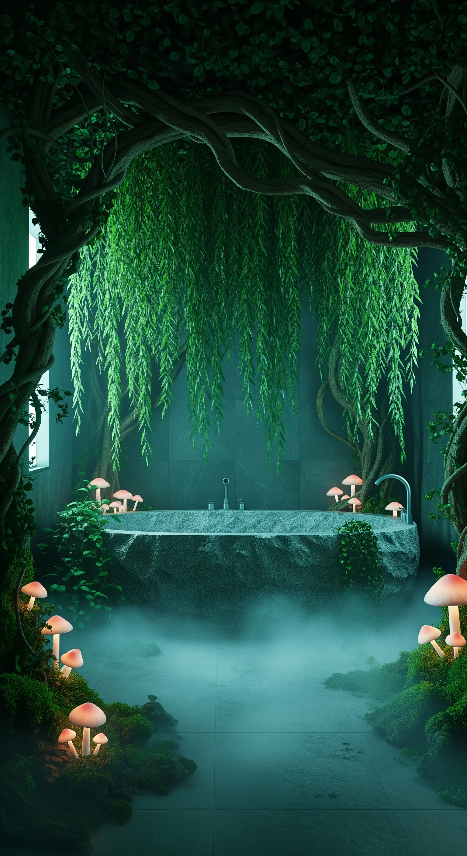 Badezimmer als Märchenwald mit leuchtenden Pilzen, Nebel und künstlichen Bäumen
