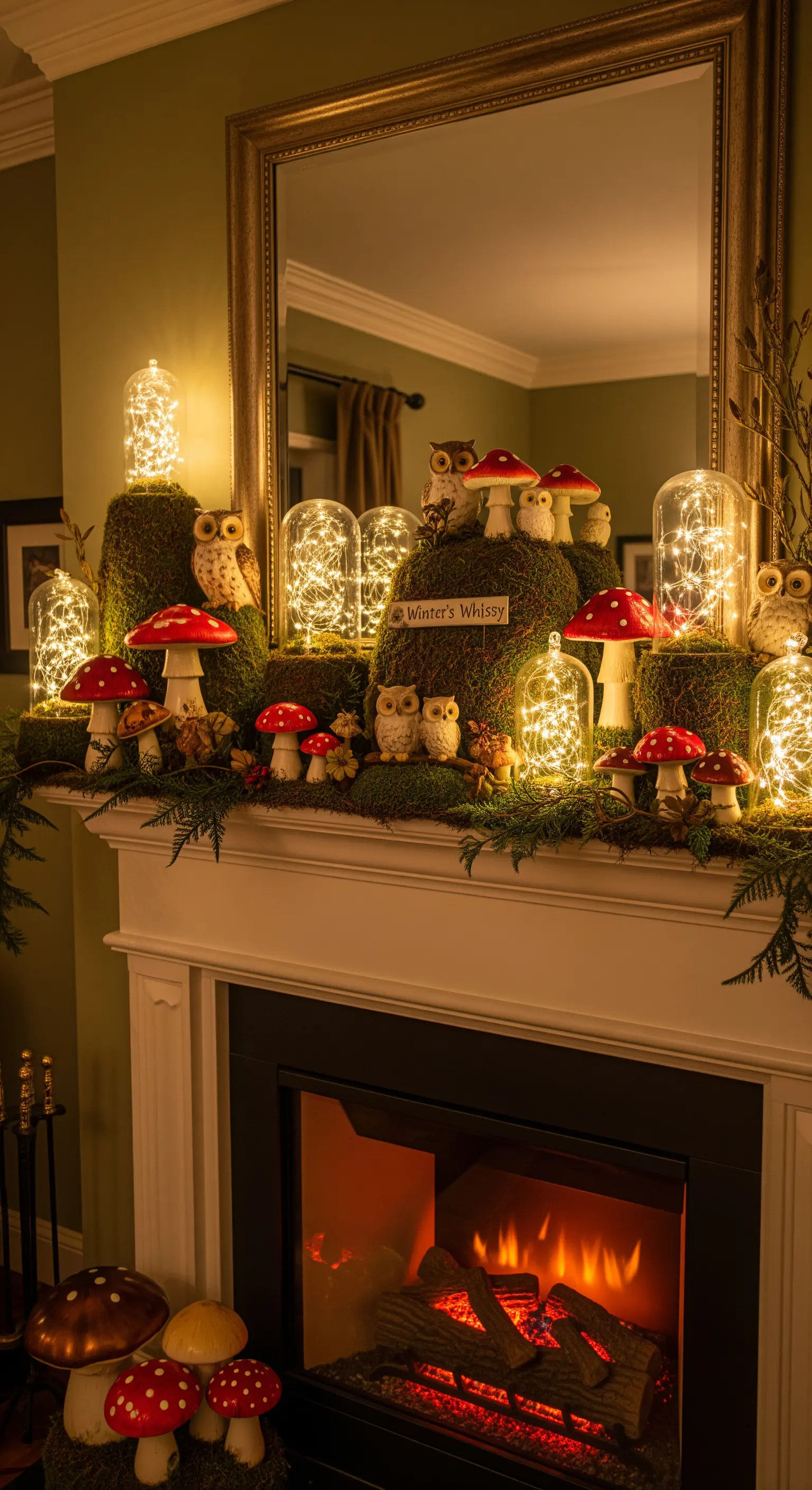 Kamin mit Mooshügeln, Pilzen, Eulenfiguren und Lichterketten-Gläsern