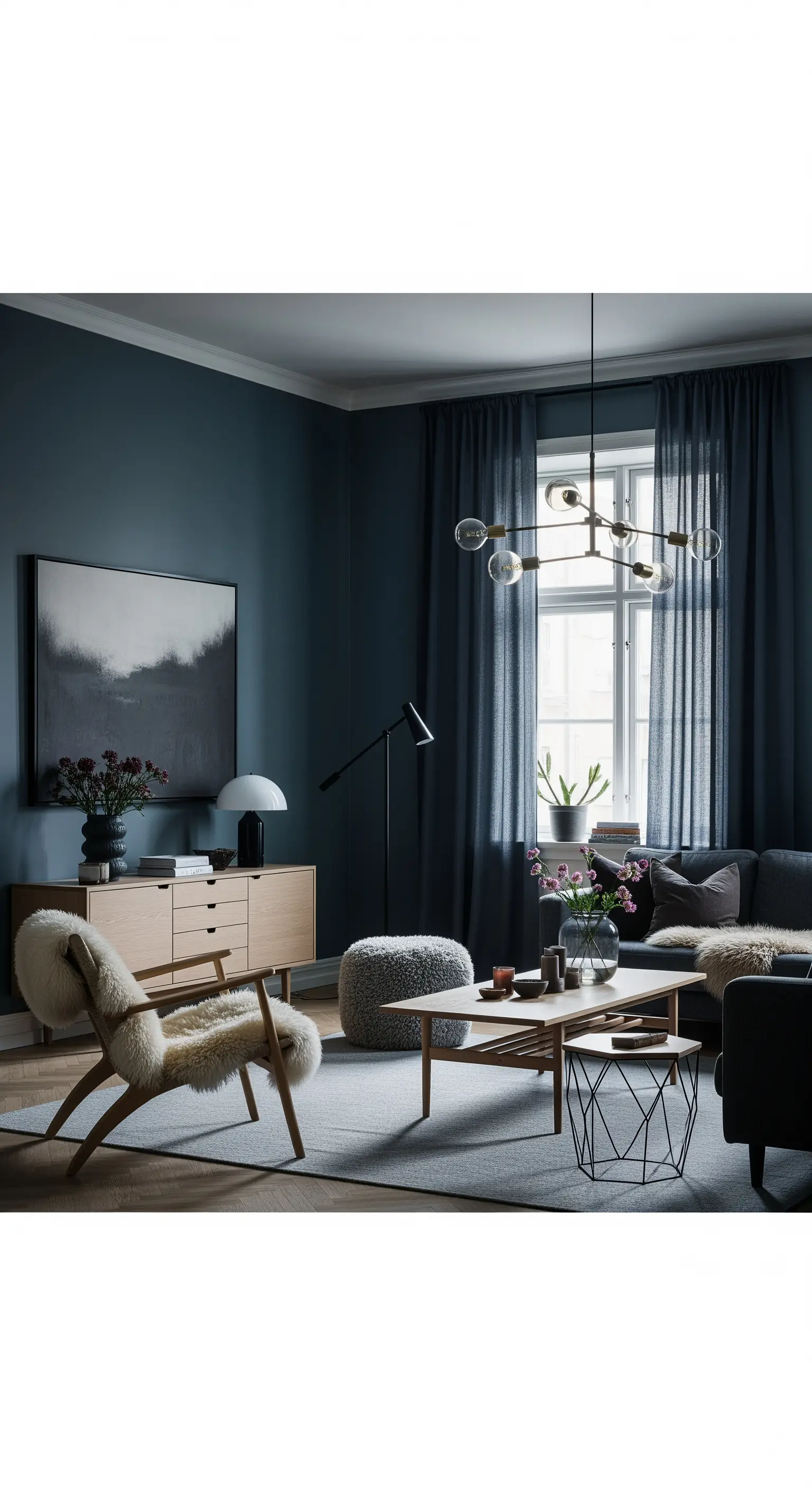 Wohnzimmer in Marineblau mit hellen Holzmöbeln, dunklen Vorhängen und skandinavischem Design