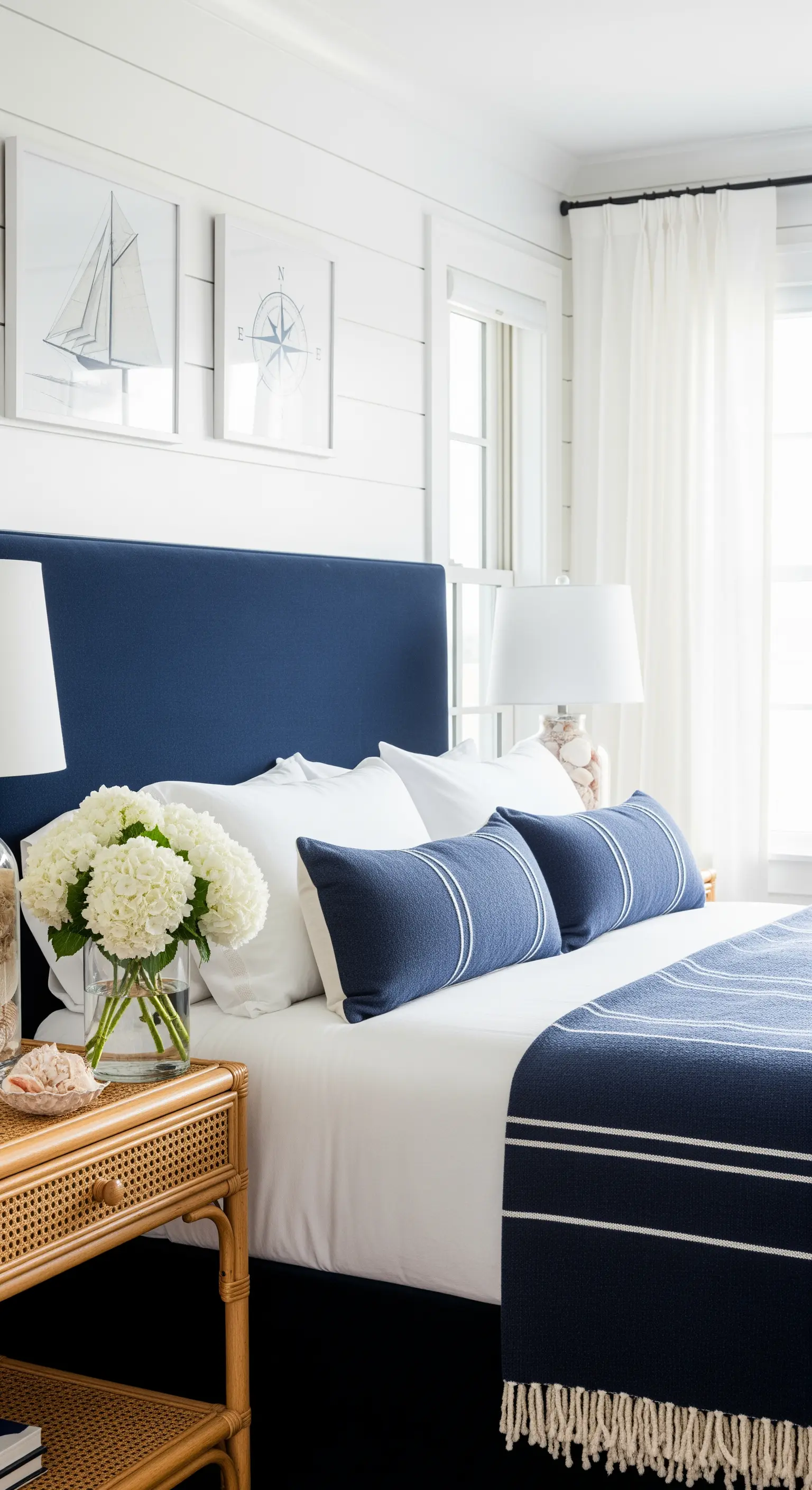 Marineblaues Schlafzimmer mit Rattan-Nachttisch und maritimer Wandkunst