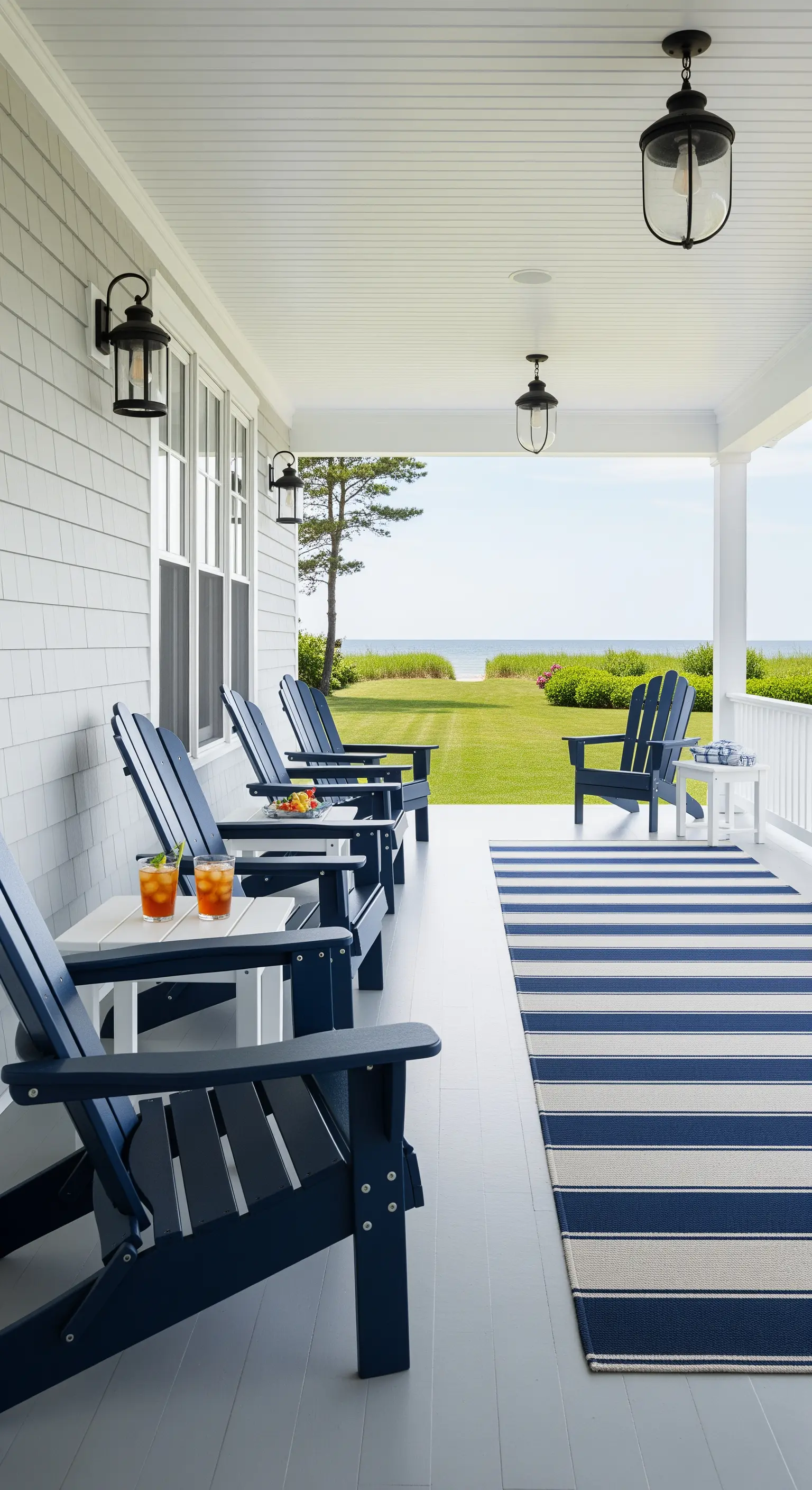Veranda mit marineblauen Adirondack-Stühlen und gestreiftem Teppich am Meer