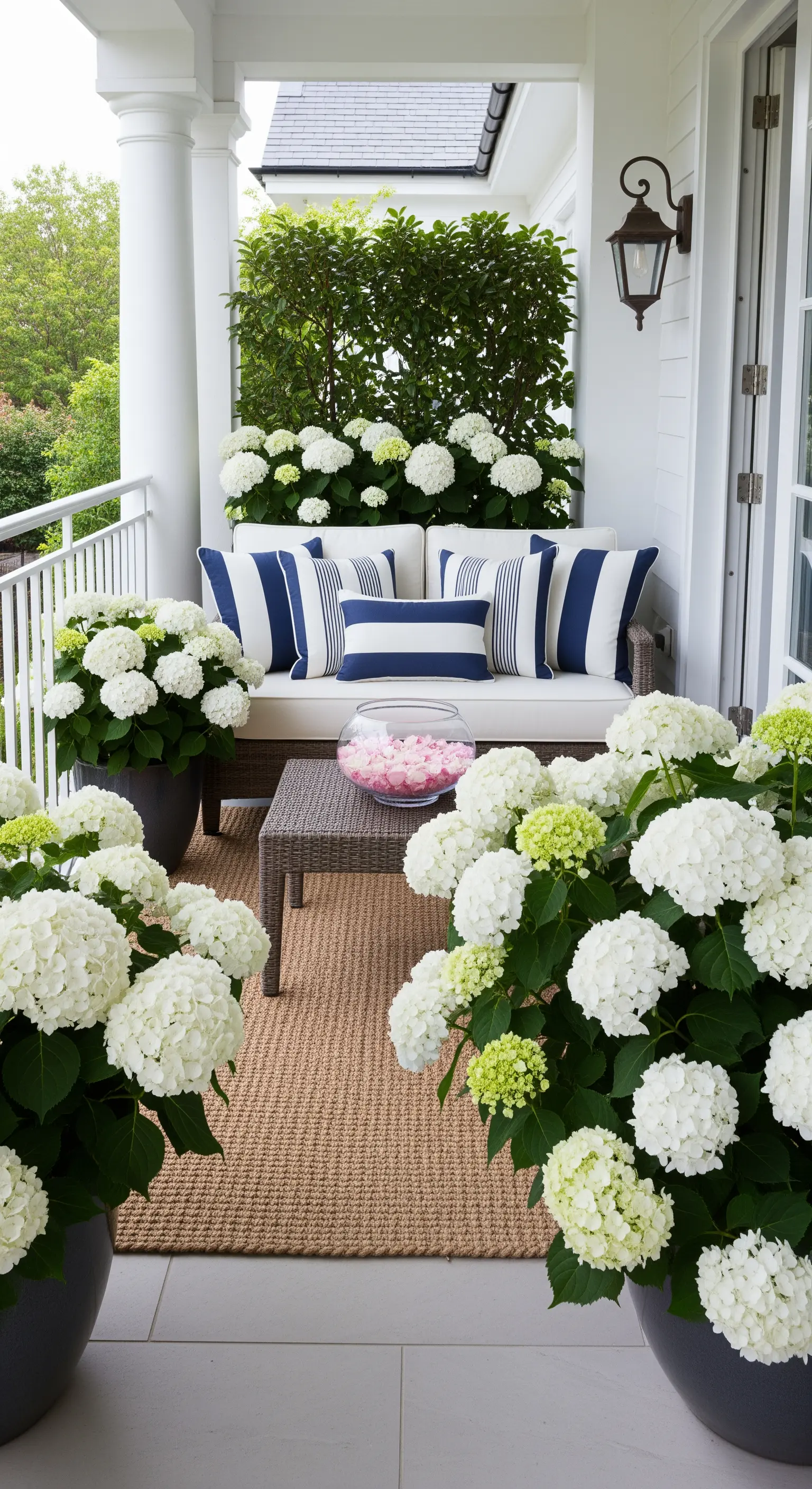 Balkon mit weißem Sofa, blau-weiß gestreiften Kissen und Hortensien