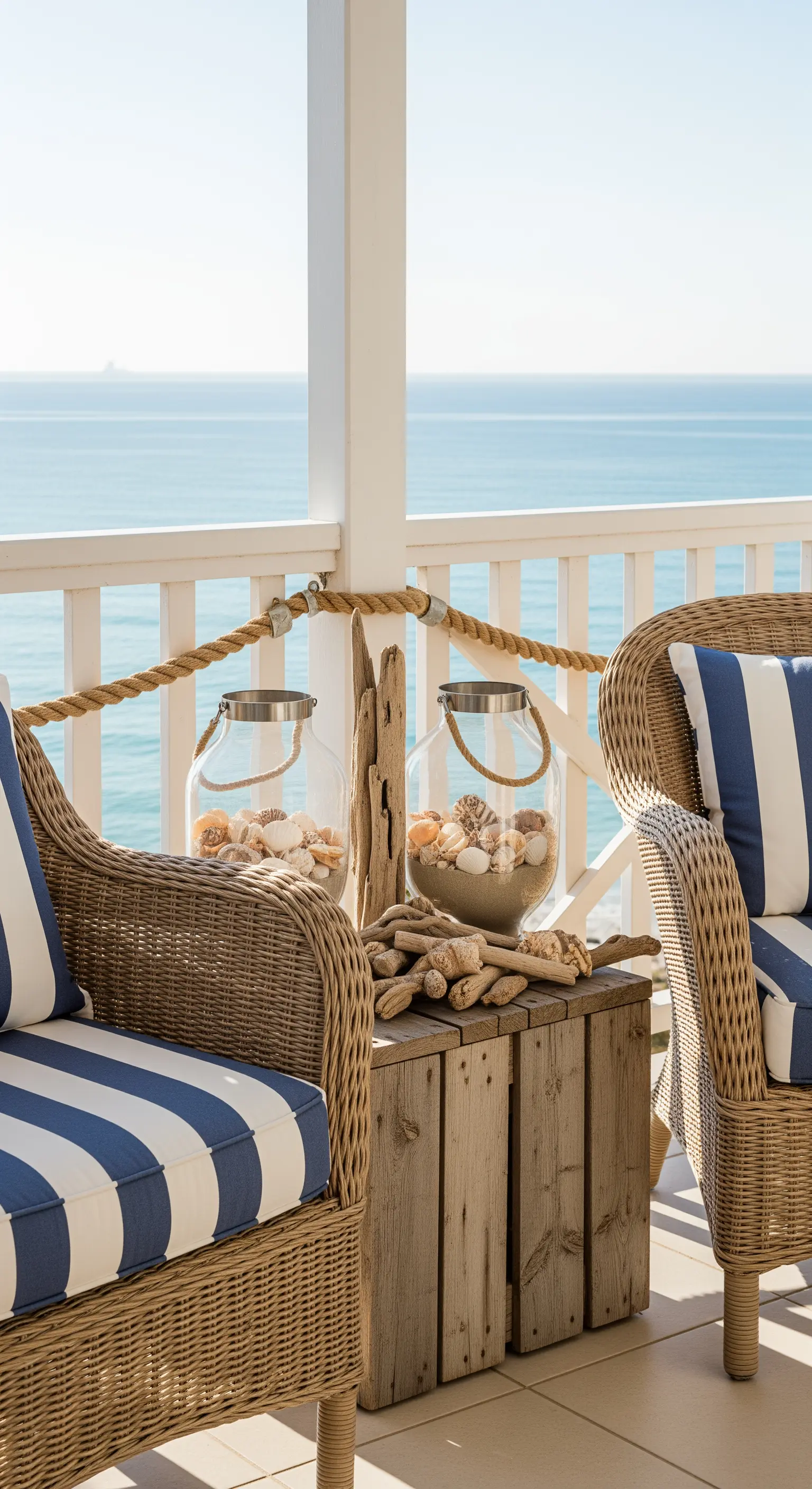 Maritimer Balkon mit Korbstühlen, Streifenkissen, Seilgeländer und Muschel-Deko