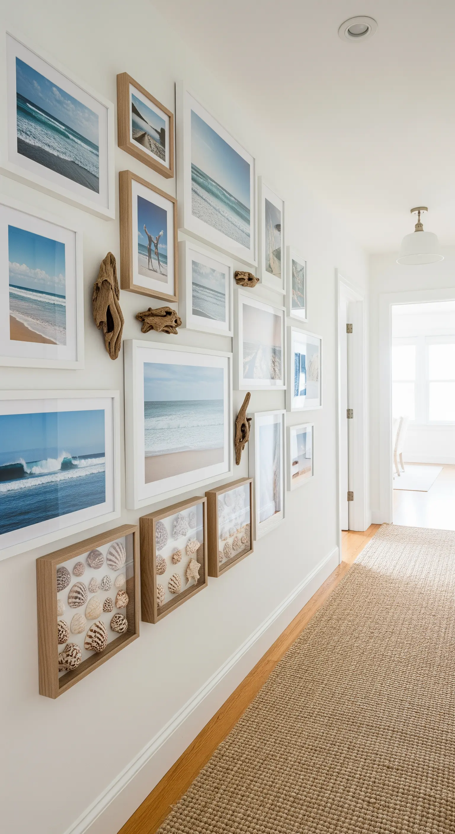 Flur-Galerie mit Meerbildern, Muschel-Schattenboxen und Treibholz